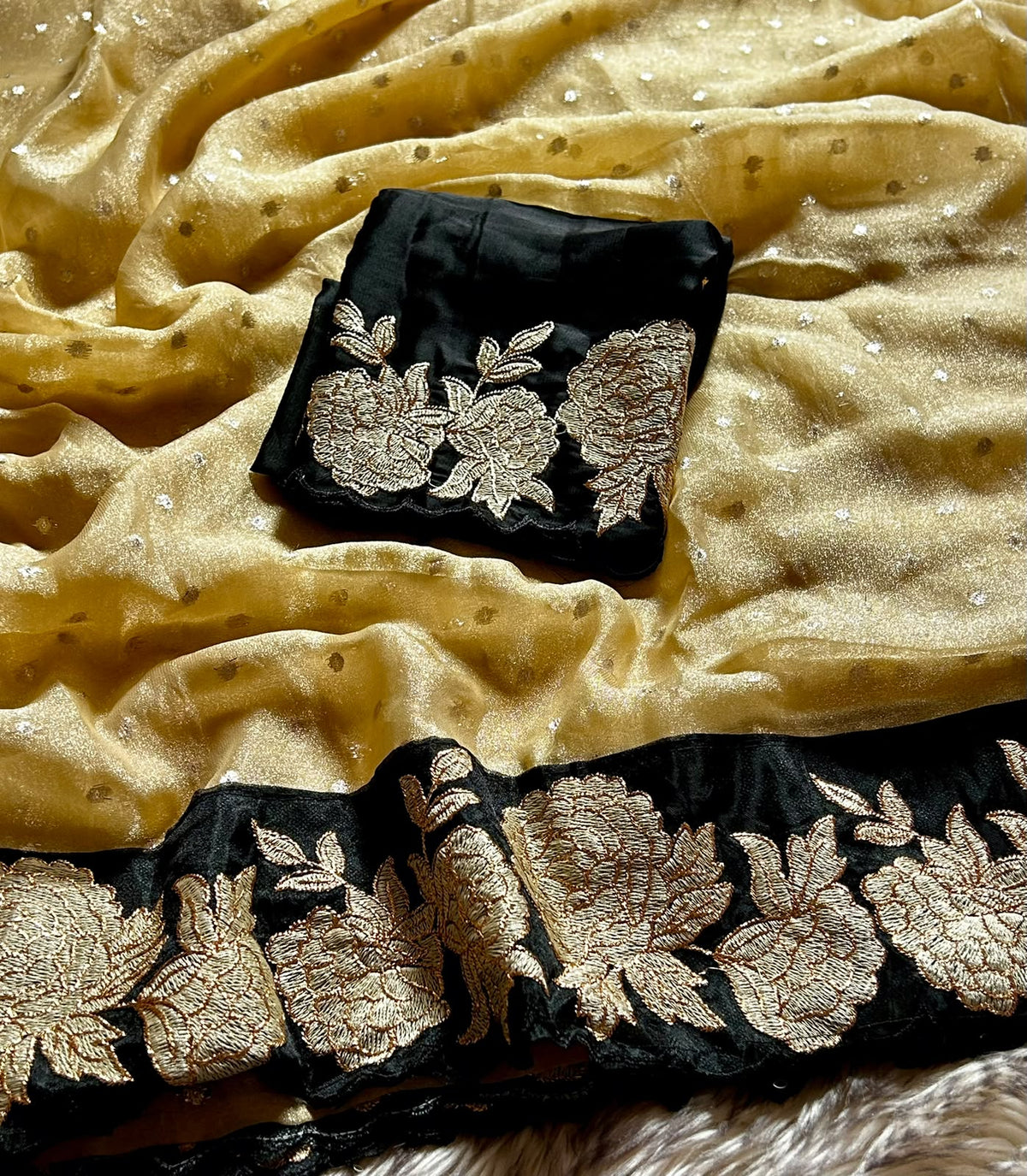 Contemporary Party Wear Tissue Silk Embroidery n Thread Work Fancy Saree With Contrast Blouse Piece