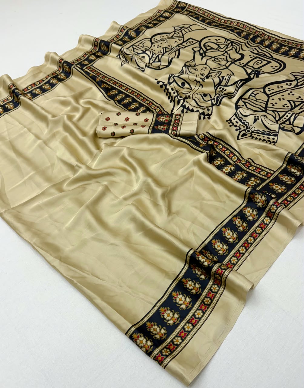 Adorning Function Wear Silk Print Design Jacquard Border Rich Pallu Fancy Saree With Matching Blouse Piece
