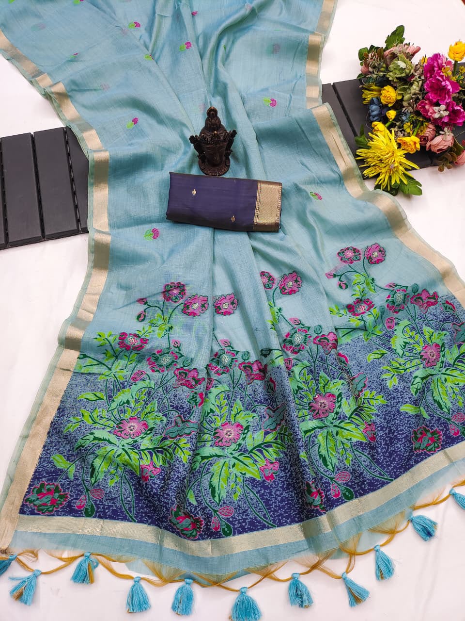 Glossy Party Wear Soft Cotton Zari n Tussels Work Fancy Saree With Blouse Piece