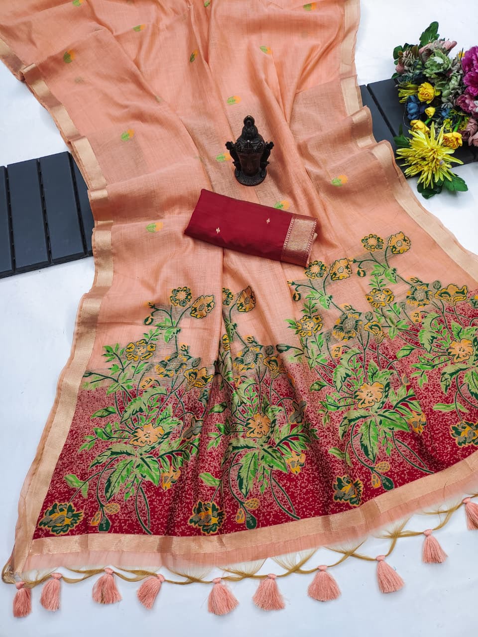 Glossy Party Wear Soft Cotton Zari n Tussels Work Fancy Saree With Blouse Piece