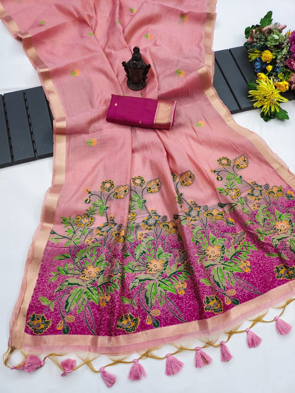 Glossy Party Wear Soft Cotton Zari n Tussels Work Fancy Saree With Blouse Piece