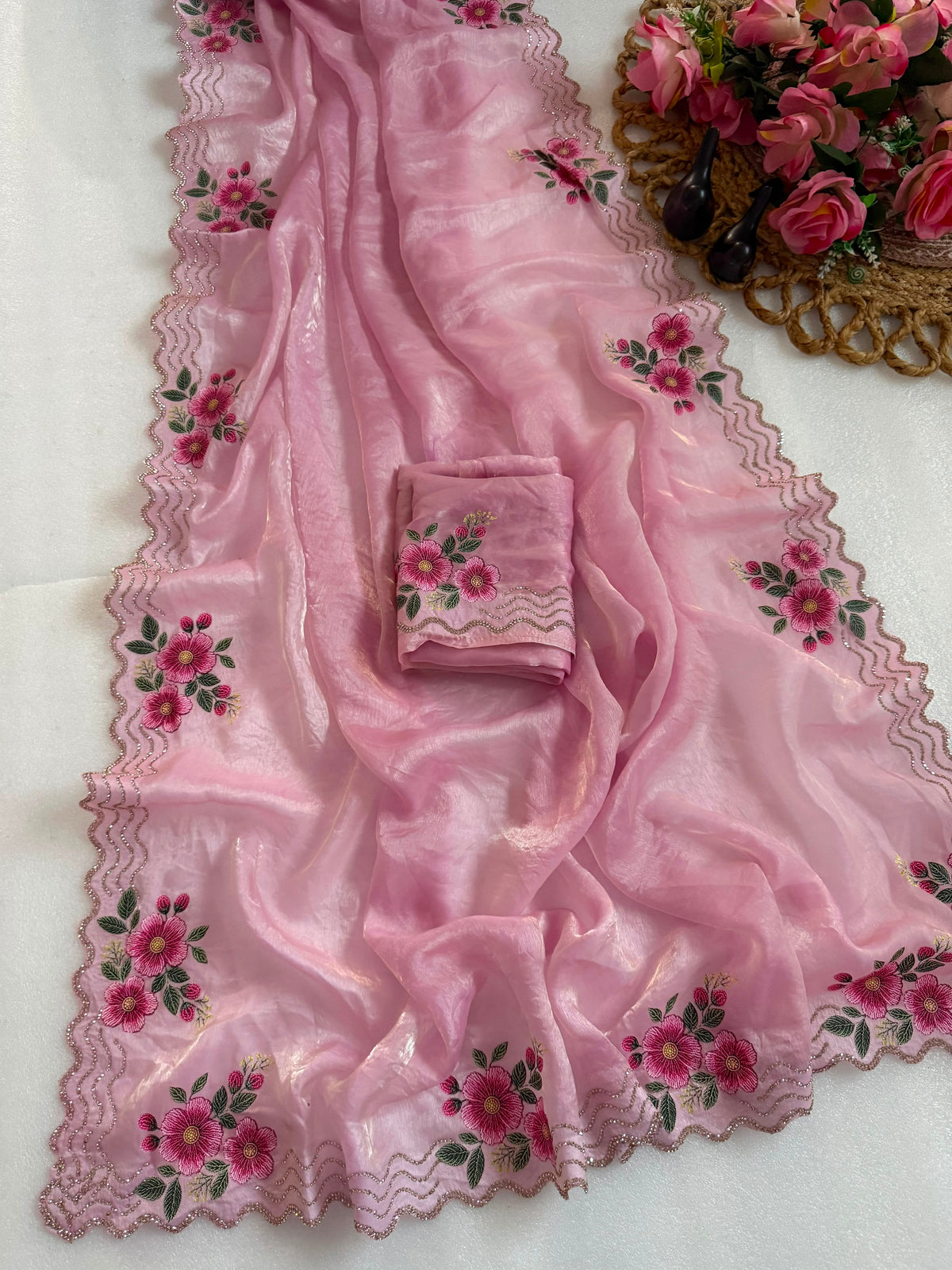 Adorning Festive Wear Silk Jarkhan Diamond Work Fancy Saree With Blouse Piece