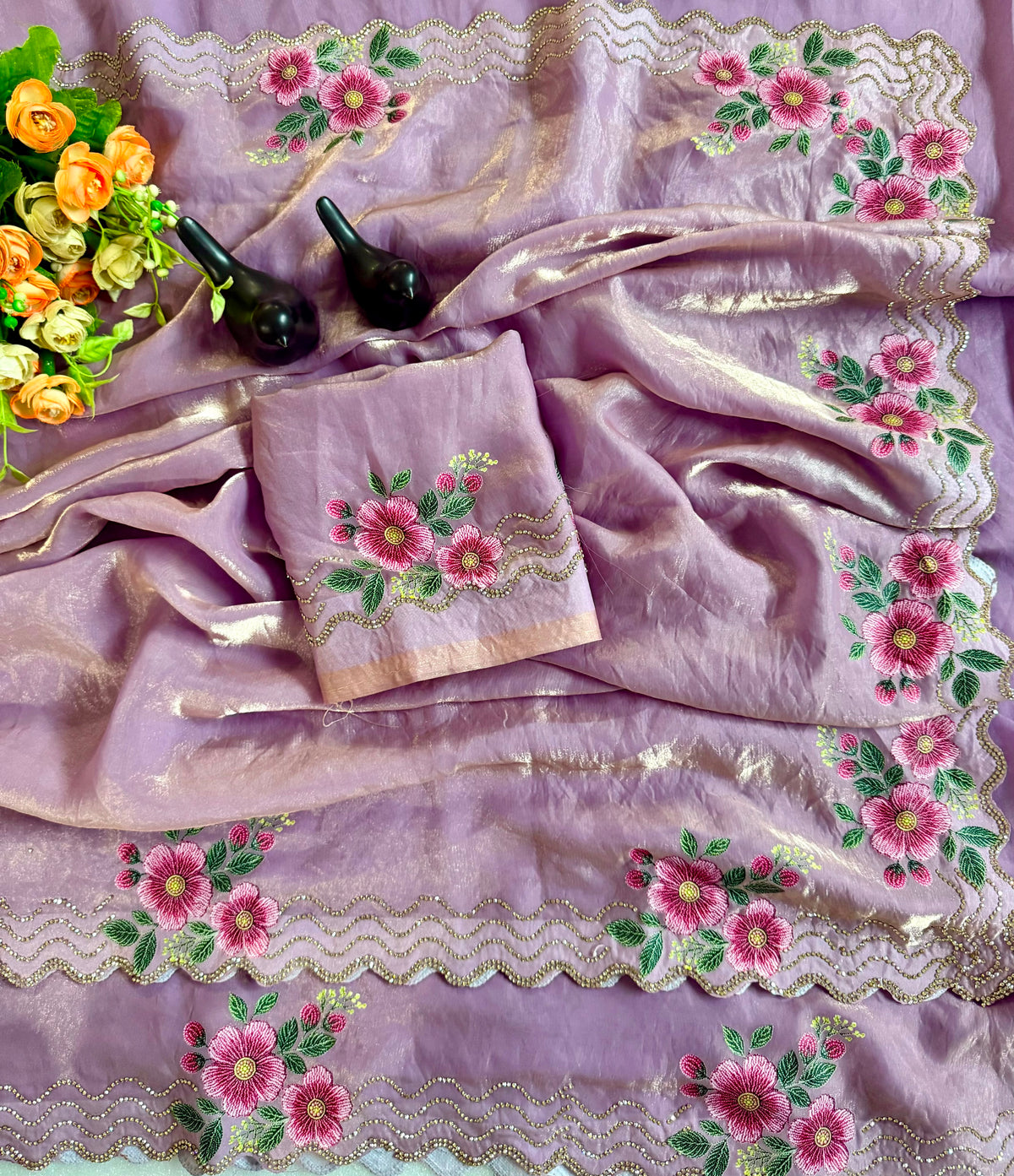 Adorning Festive Wear Silk Jarkhan Diamond Work Fancy Saree With Blouse Piece