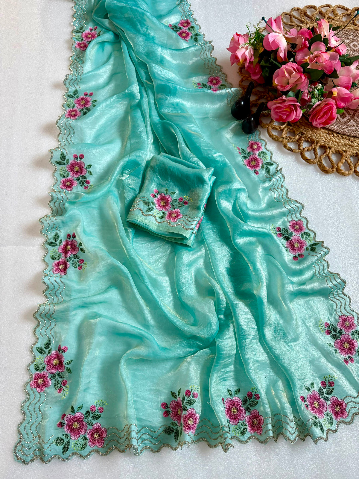 Adorning Festive Wear Silk Jarkhan Diamond Work Fancy Saree With Blouse Piece