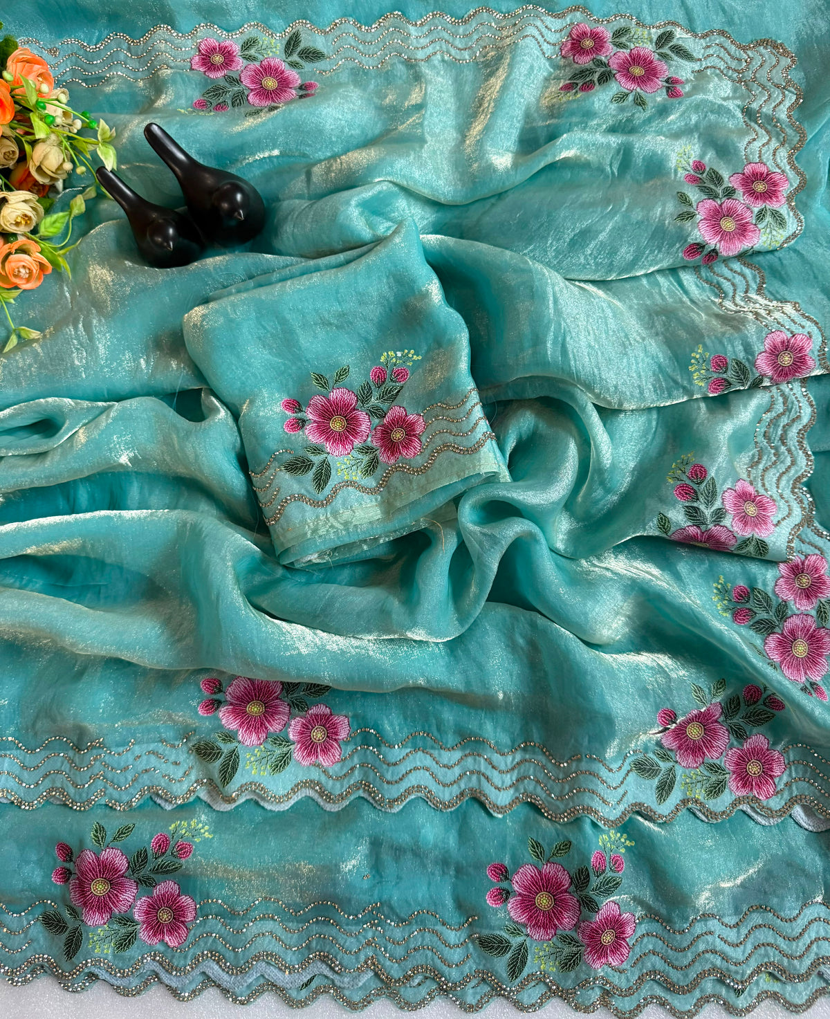 Adorning Festive Wear Silk Jarkhan Diamond Work Fancy Saree With Blouse Piece