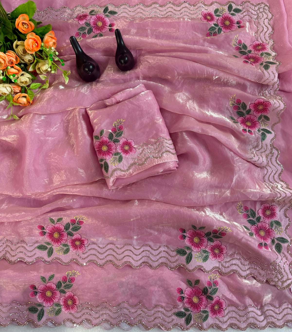 Adorning Festive Wear Silk Jarkhan Diamond Work Fancy Saree With Blouse Piece
