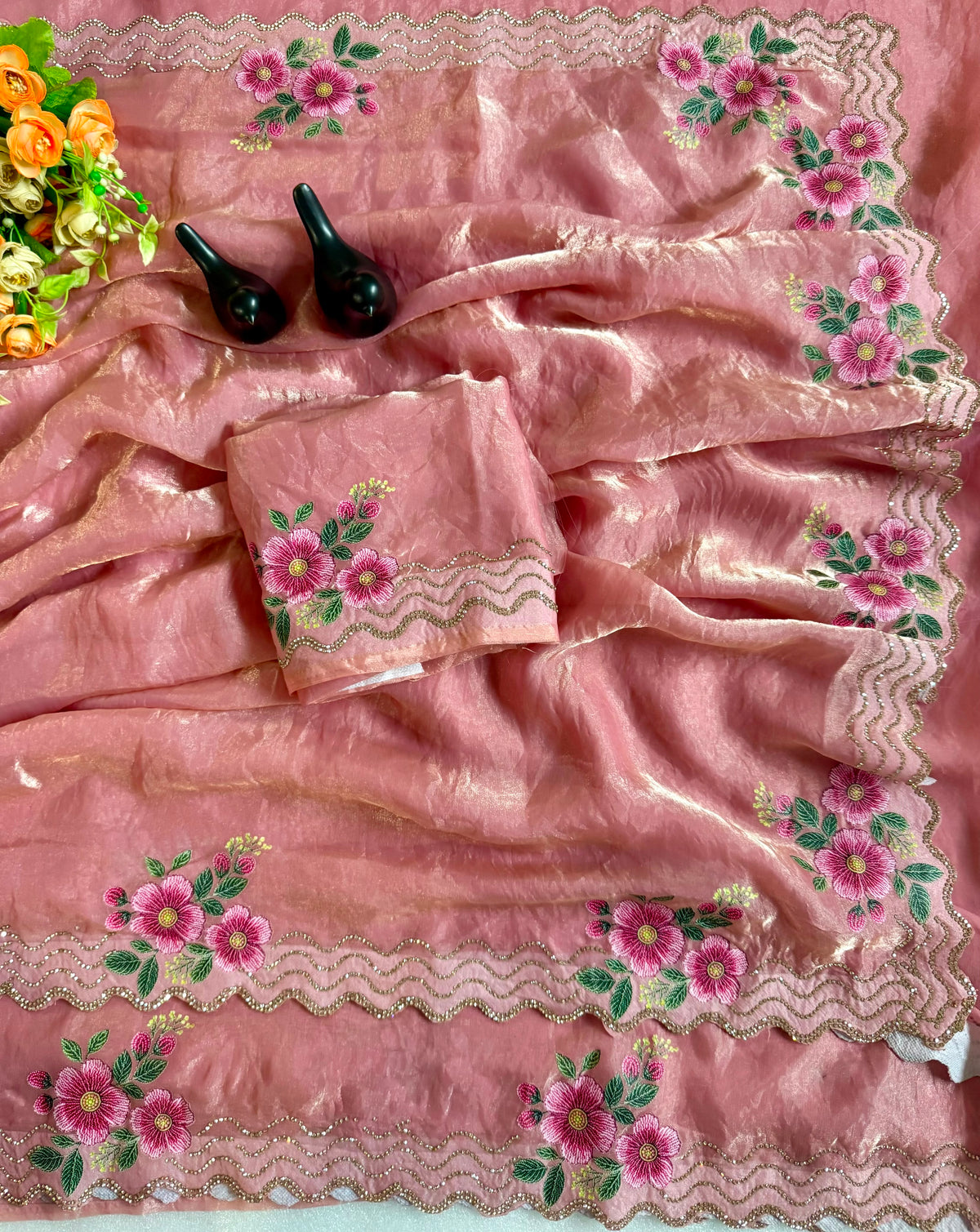 Adorning Festive Wear Silk Jarkhan Diamond Work Fancy Saree With Blouse Piece