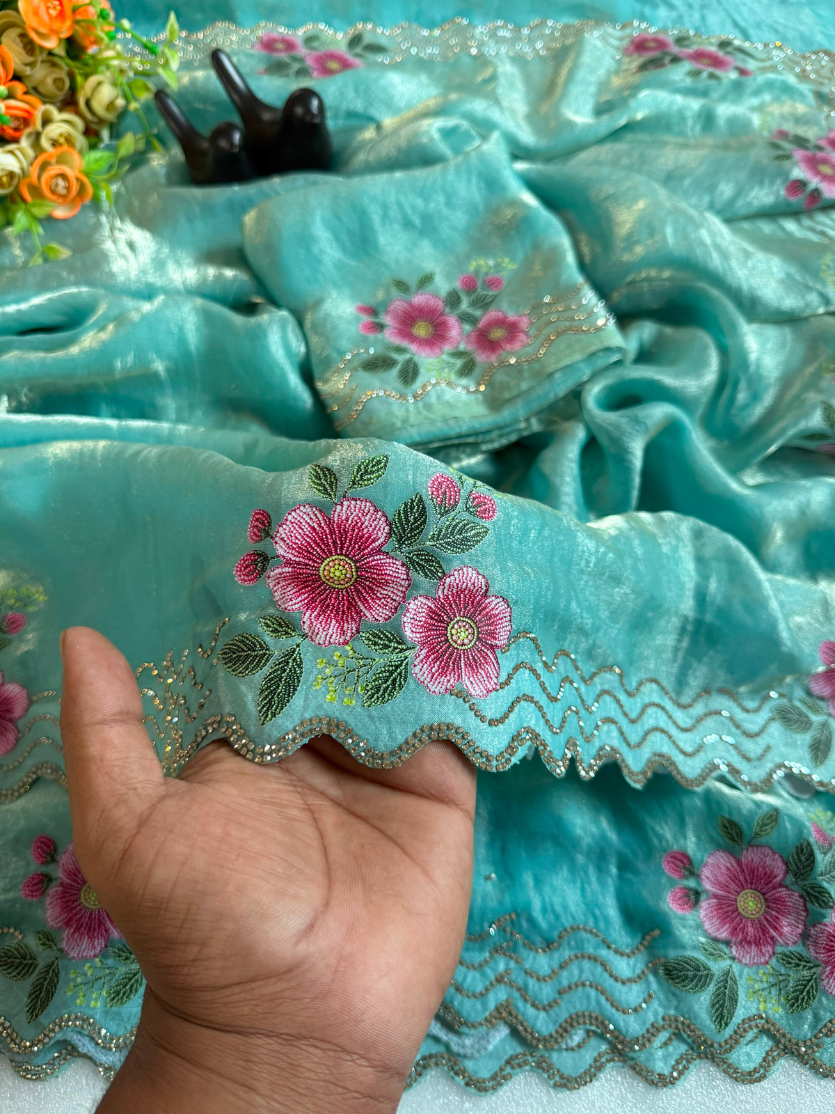 Adorning Festive Wear Silk Jarkhan Diamond Work Fancy Saree With Blouse Piece