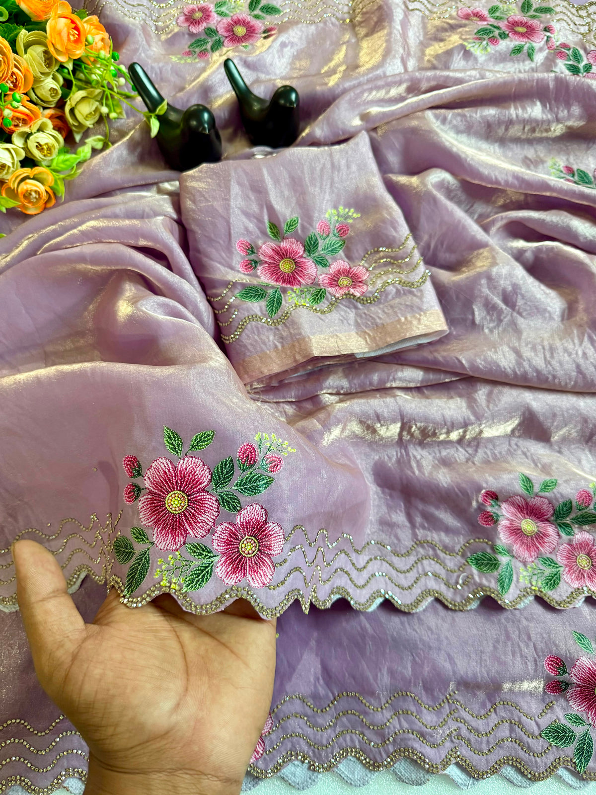 Adorning Festive Wear Silk Jarkhan Diamond Work Fancy Saree With Blouse Piece