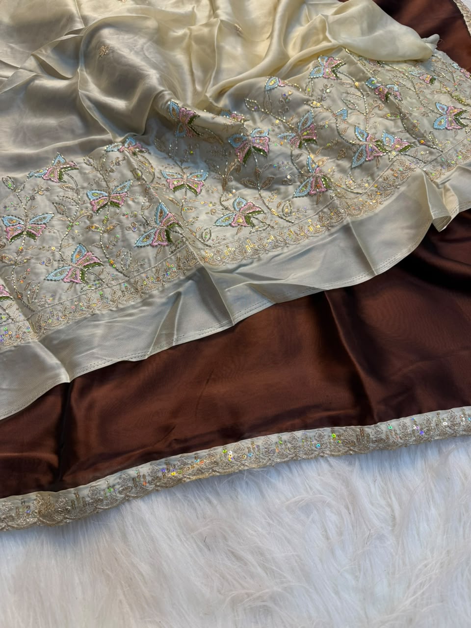 Luxury Partywear Silk Embroidery n Bids Work Designer Saree With Elegant Blouse Piece