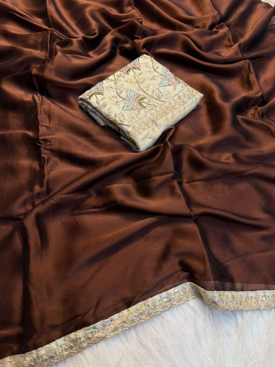 Luxury Partywear Silk Embroidery n Bids Work Designer Saree With Elegant Blouse Piece