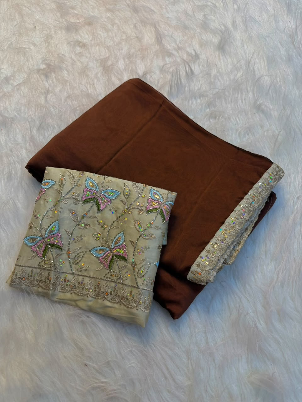 Luxury Partywear Silk Embroidery n Bids Work Designer Saree With Elegant Blouse Piece
