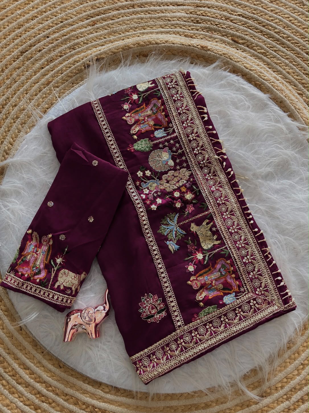 Glamorous Party Wear Pure Vichitra Silk Embroidery n Butta Work Lace Border Designer Saree For Women