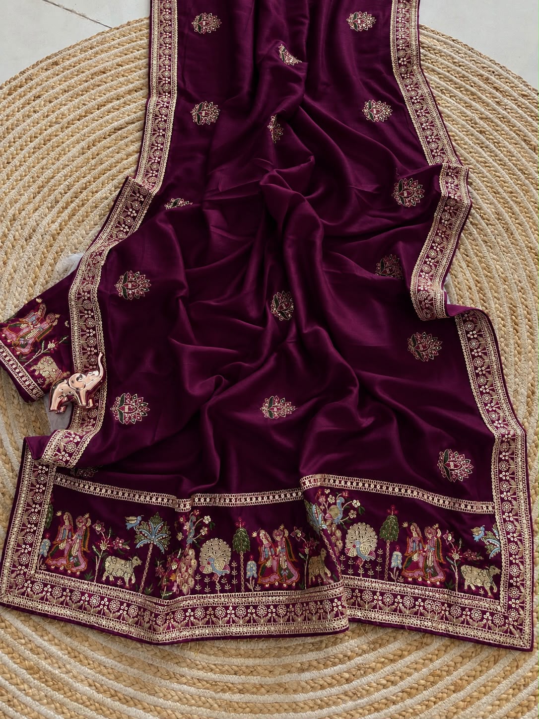 Glamorous Party Wear Pure Vichitra Silk Embroidery n Butta Work Lace Border Designer Saree For Women