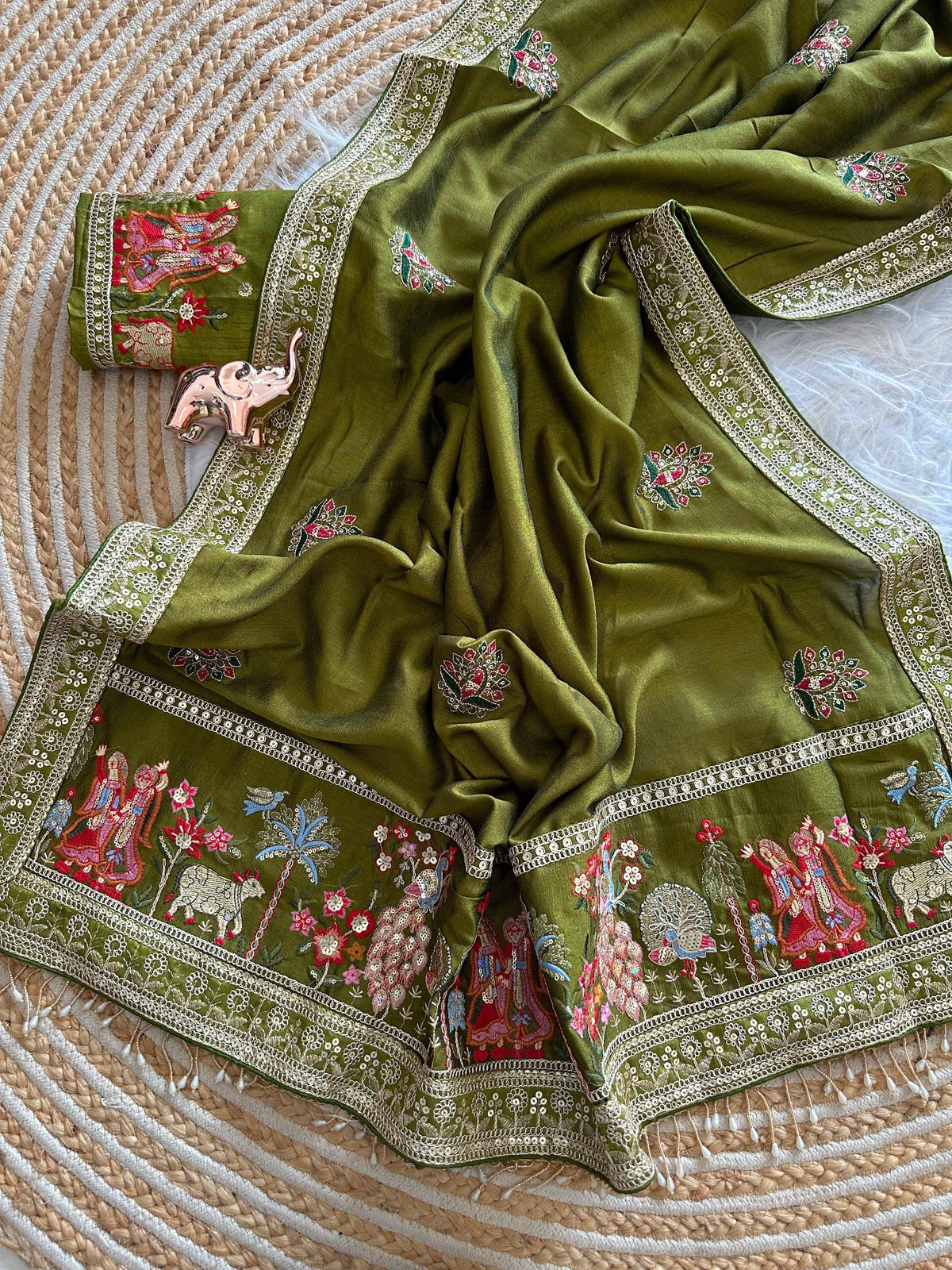 Glamorous Party Wear Pure Vichitra Silk Embroidery n Butta Work Lace Border Designer Saree For Women
