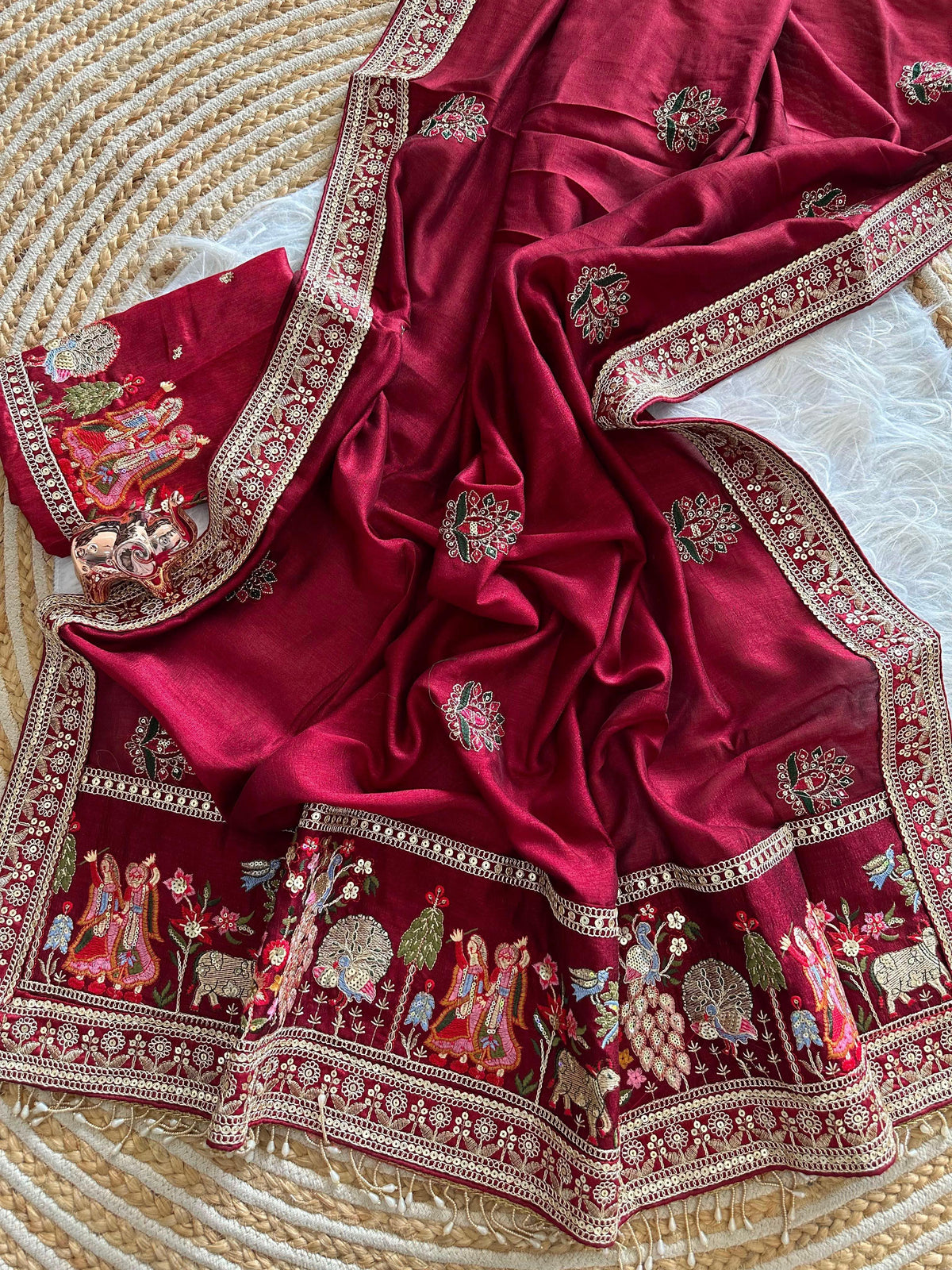 Glamorous Party Wear Pure Vichitra Silk Embroidery n Butta Work Lace Border Designer Saree For Women