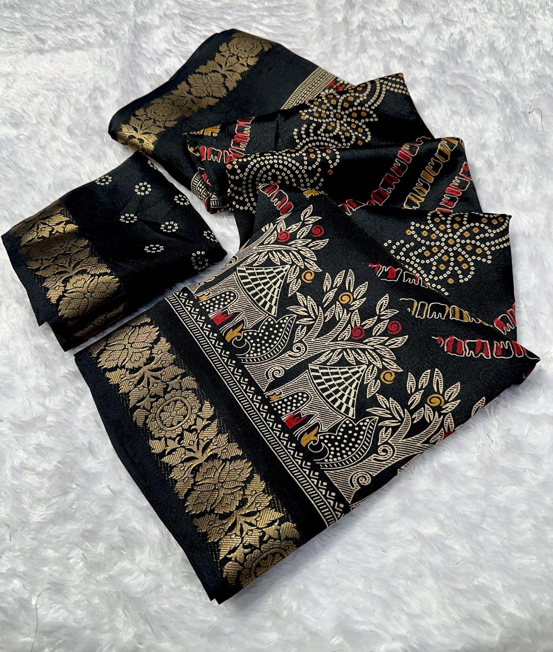 Stunning Party Wear Georgette Print Design Jacquard Border Fancy Saree With Blissful Blouse Piece