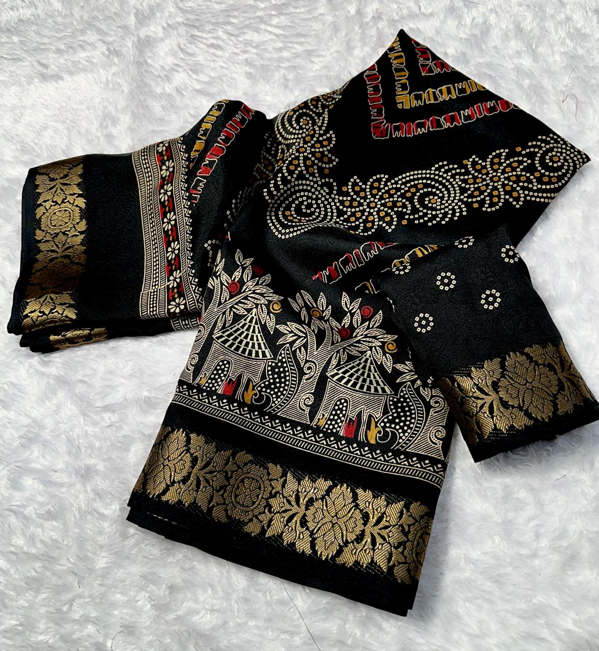 Stunning Party Wear Georgette Print Design Jacquard Border Fancy Saree With Blissful Blouse Piece