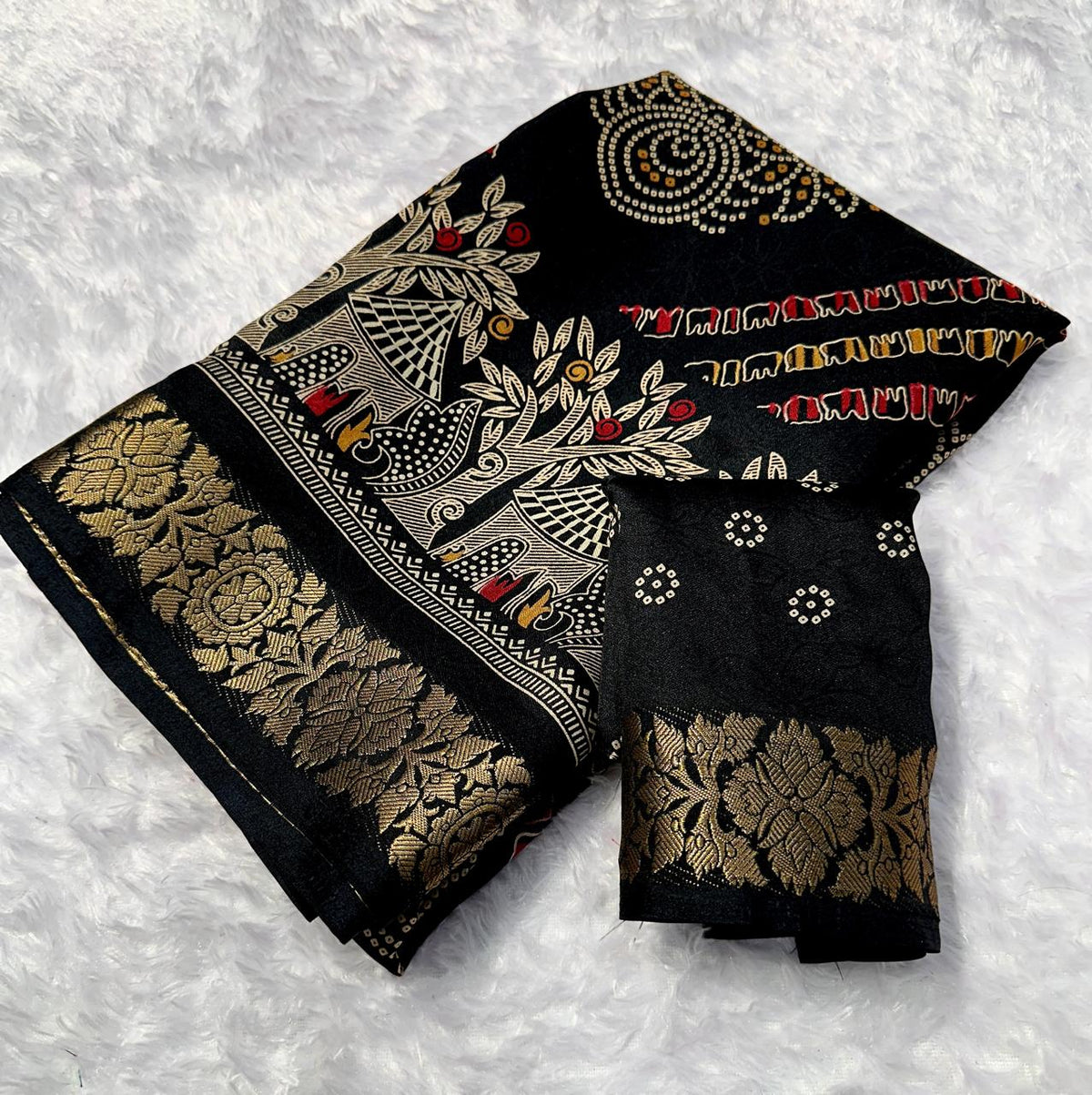 Stunning Party Wear Georgette Print Design Jacquard Border Fancy Saree With Blissful Blouse Piece