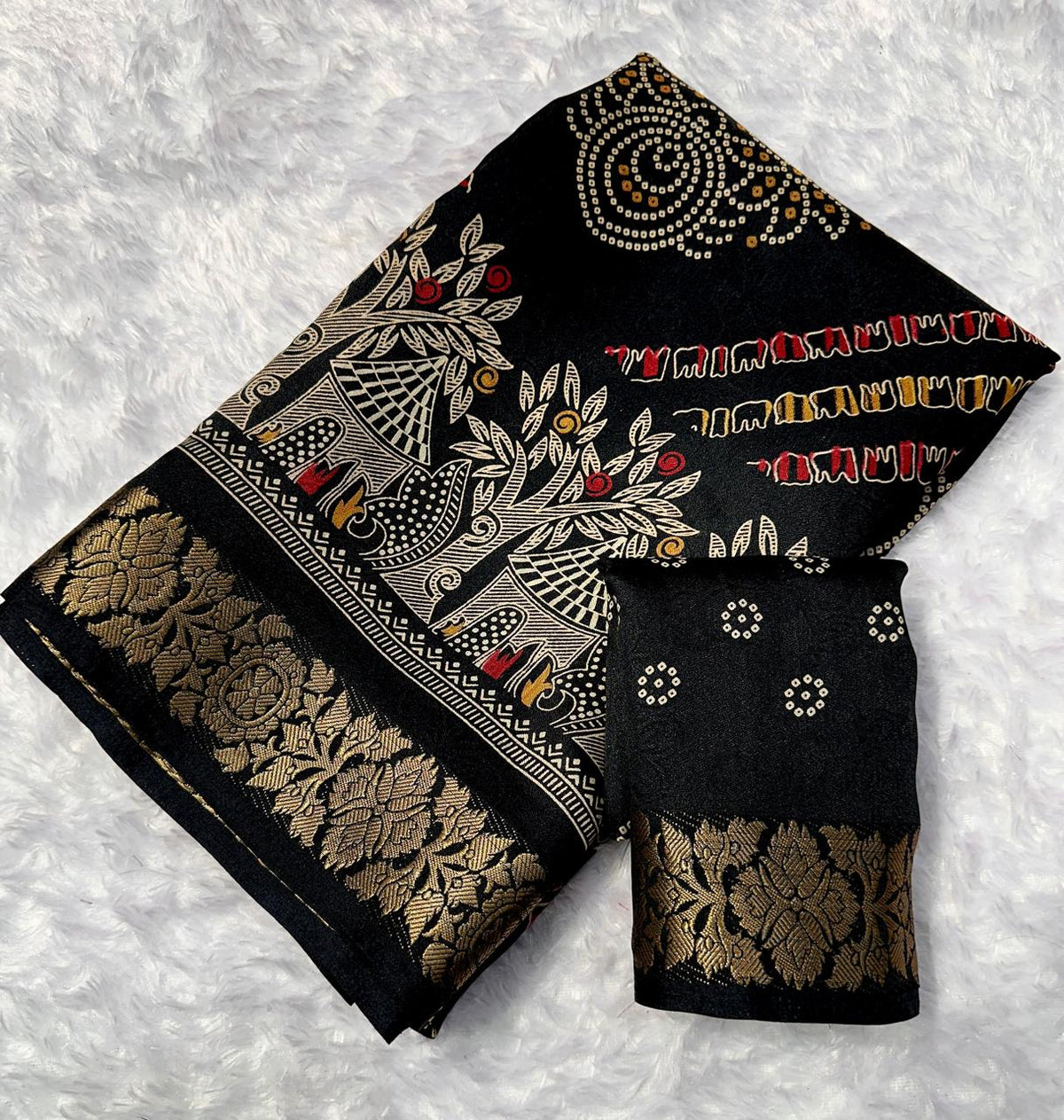 Stunning Party Wear Georgette Print Design Jacquard Border Fancy Saree With Blissful Blouse Piece