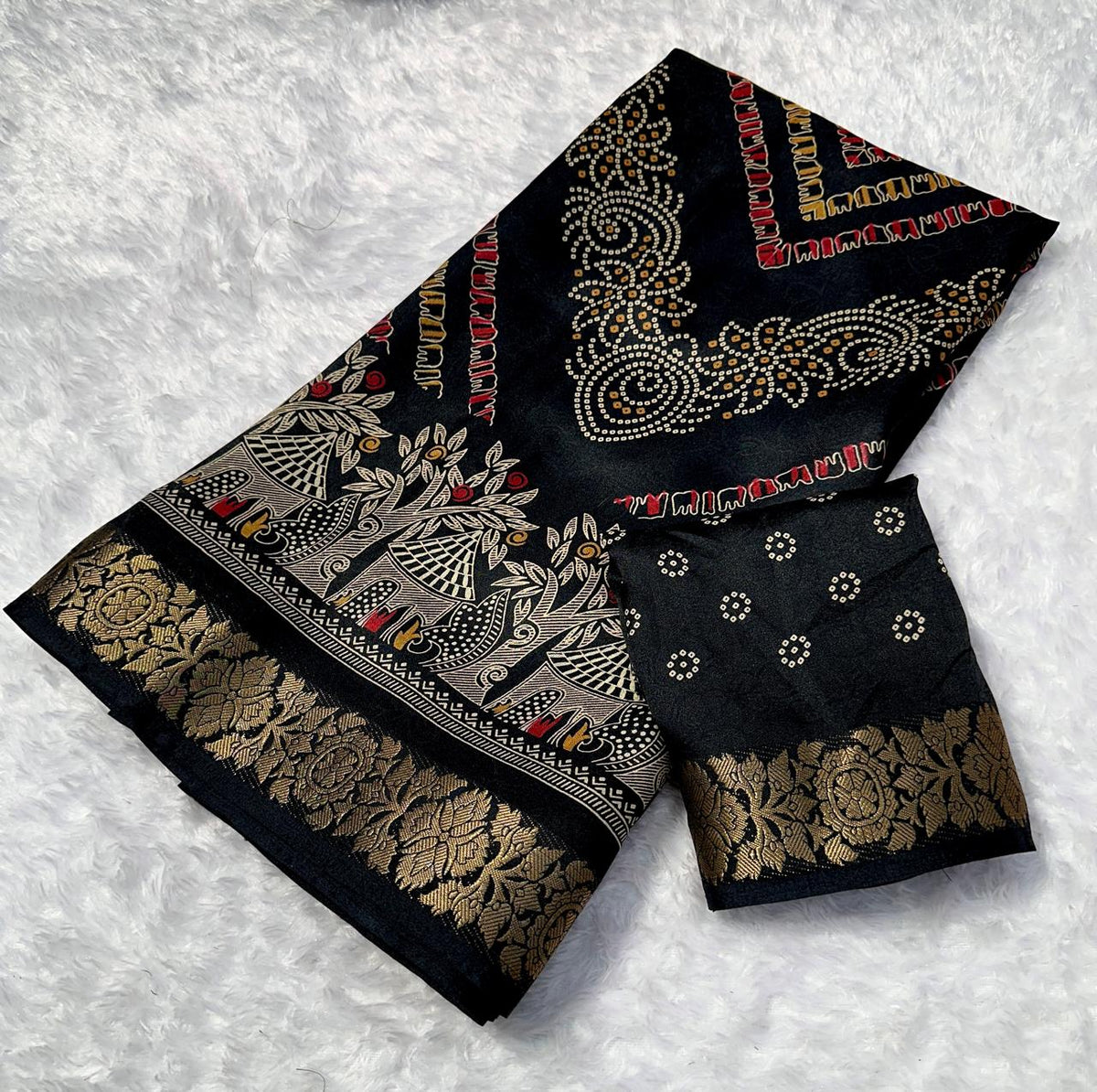 Stunning Party Wear Georgette Print Design Jacquard Border Fancy Saree With Blissful Blouse Piece