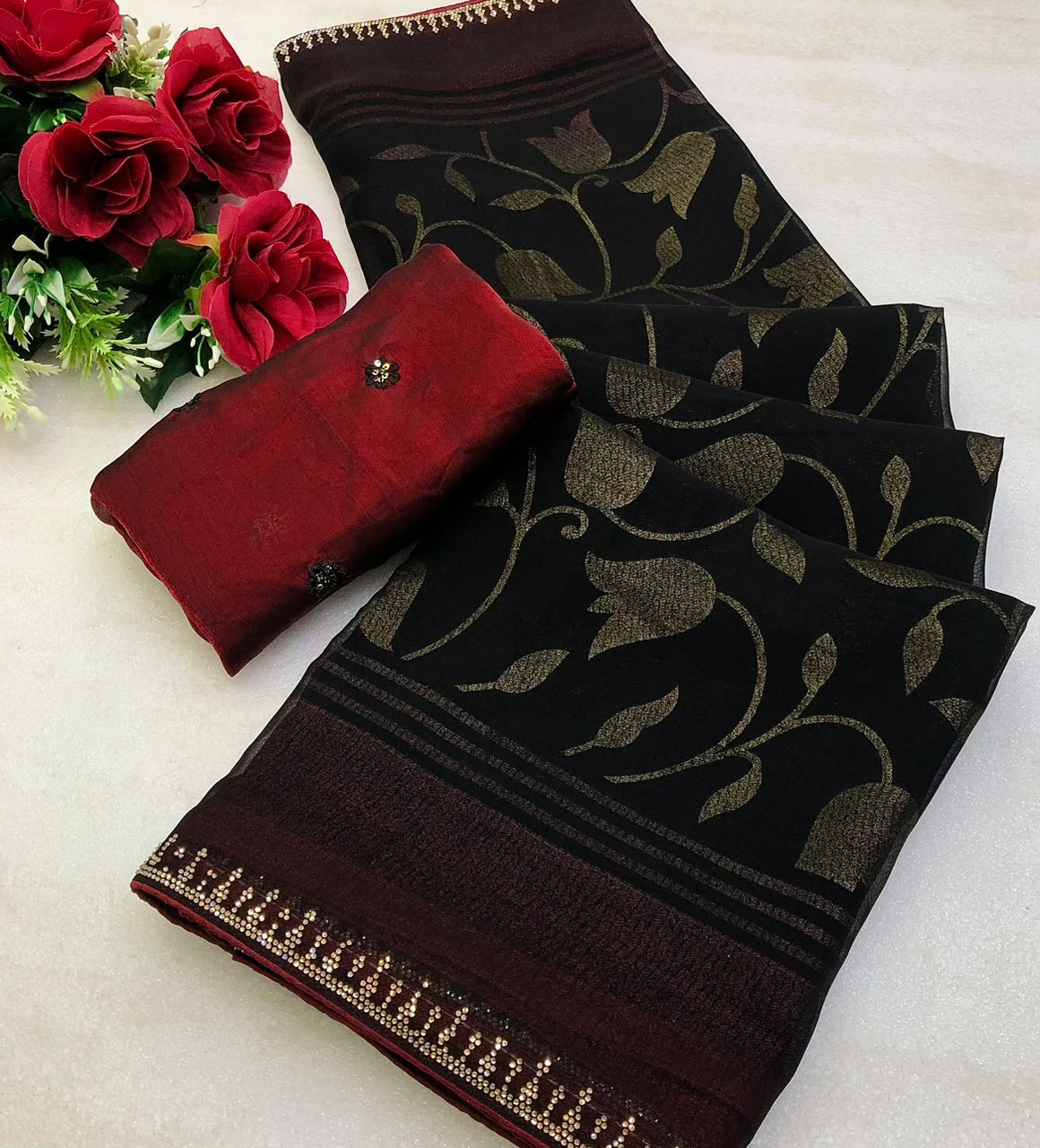Entrancing Festive Wear Georgette Print Design Zarkan Diamond Work Fancy Saree With Contrast Blouse Piece