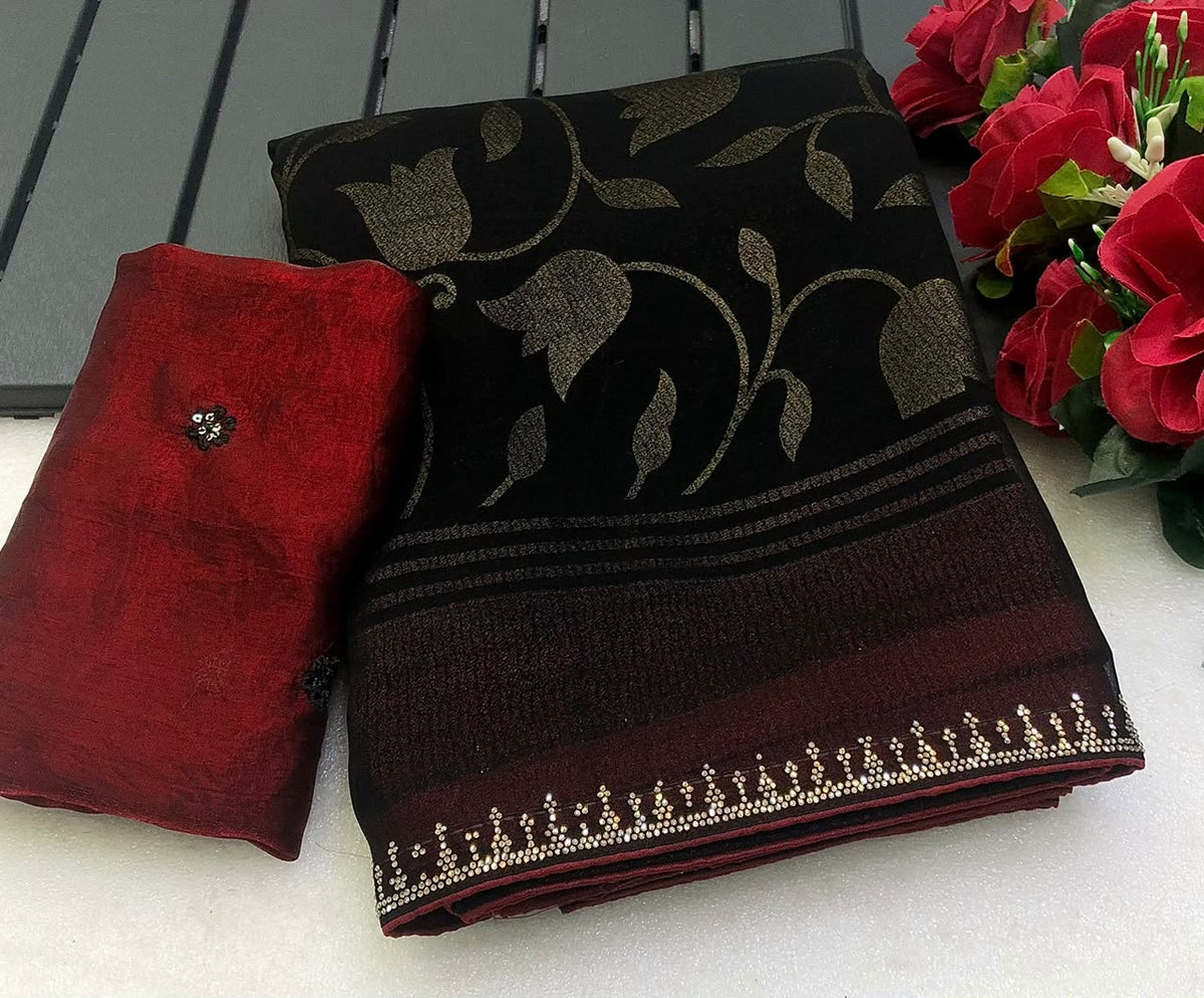 Entrancing Festive Wear Georgette Print Design Zarkan Diamond Work Fancy Saree With Contrast Blouse Piece