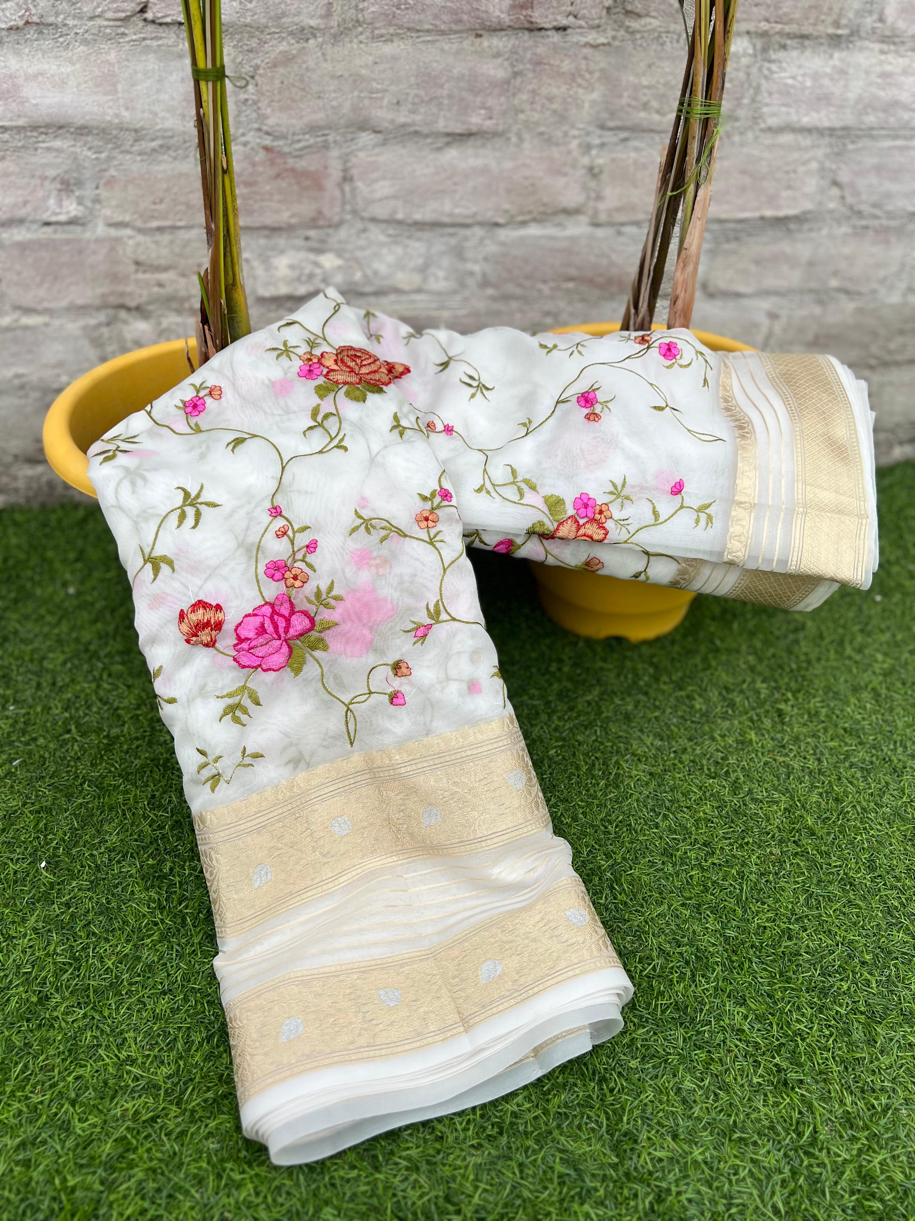 New Partywear White Color Soft Organza Silk Embroidred n Jacquared Weaving Work Fancy Designer Saree Design