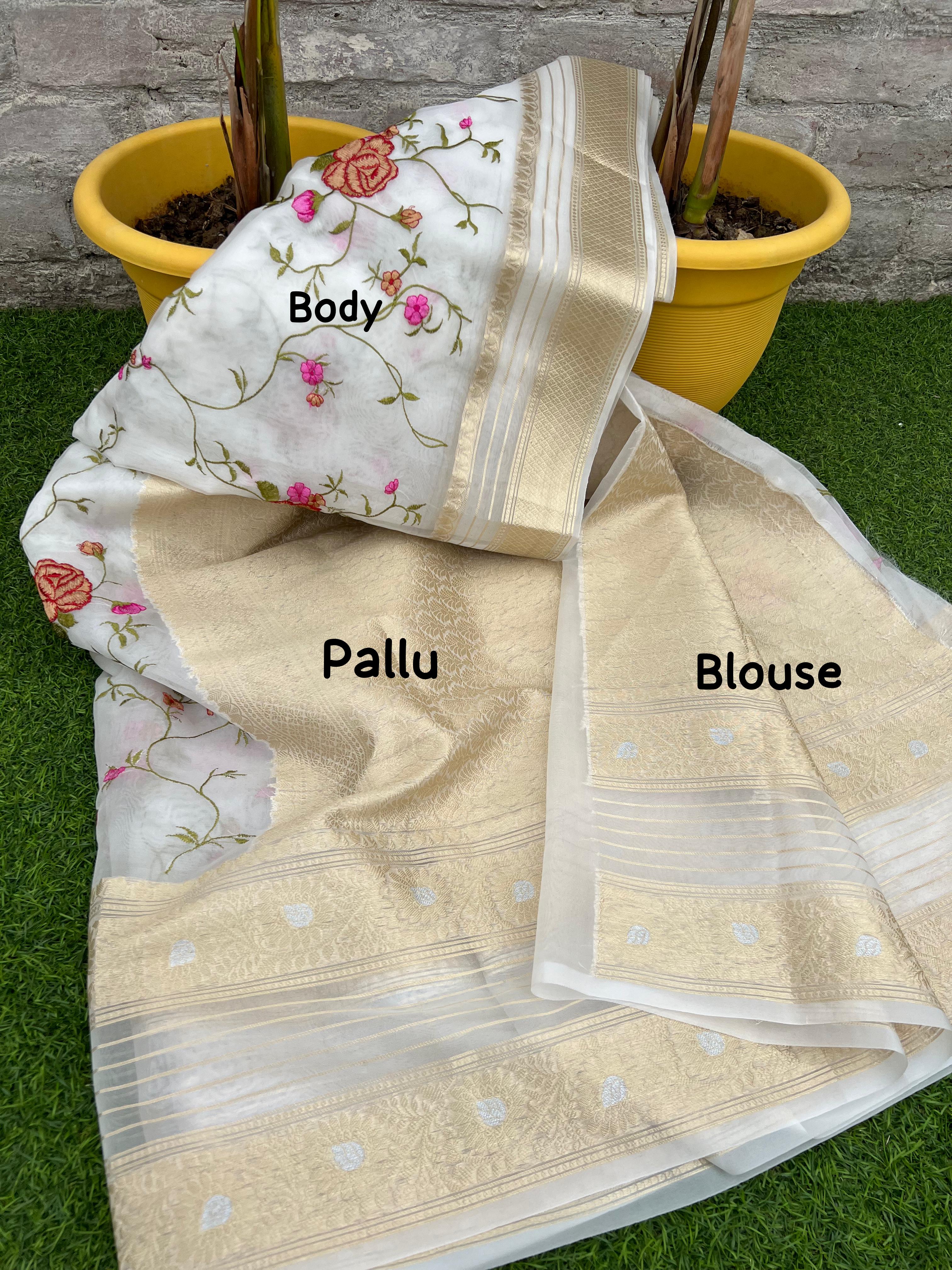 New Partywear White Color Soft Organza Silk Embroidred n Jacquared Weaving Work Fancy Designer Saree Design