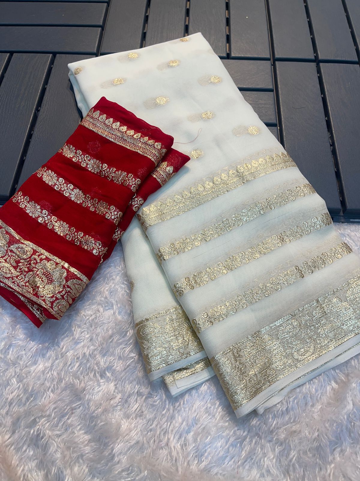 Latest Function wear White Color Viscose Georgette Jacquard Weaving Work Fancy Designer Saree