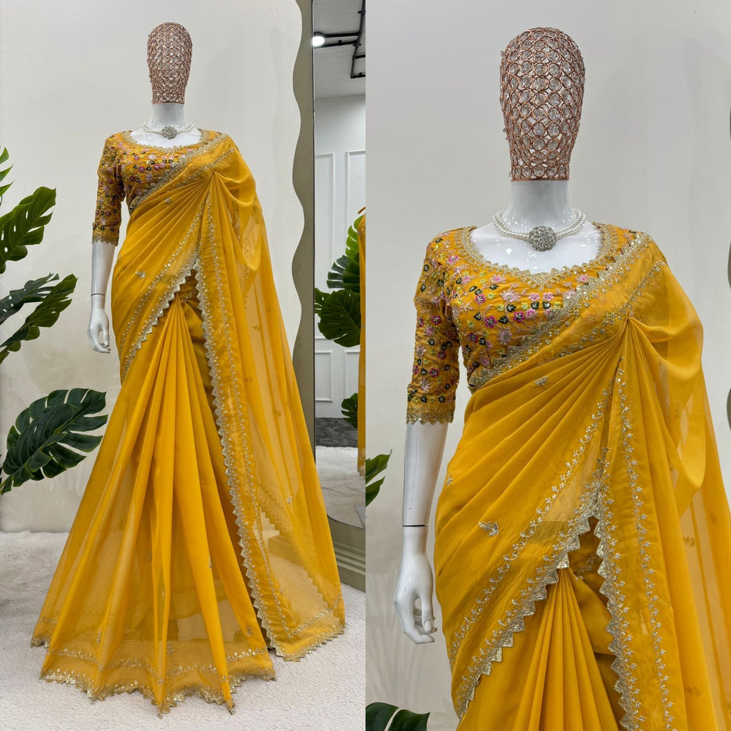 New Sibby Silk Fabric Sequence n Thread Work Partywear Fancy Designer Saree With Unstitched Blouse