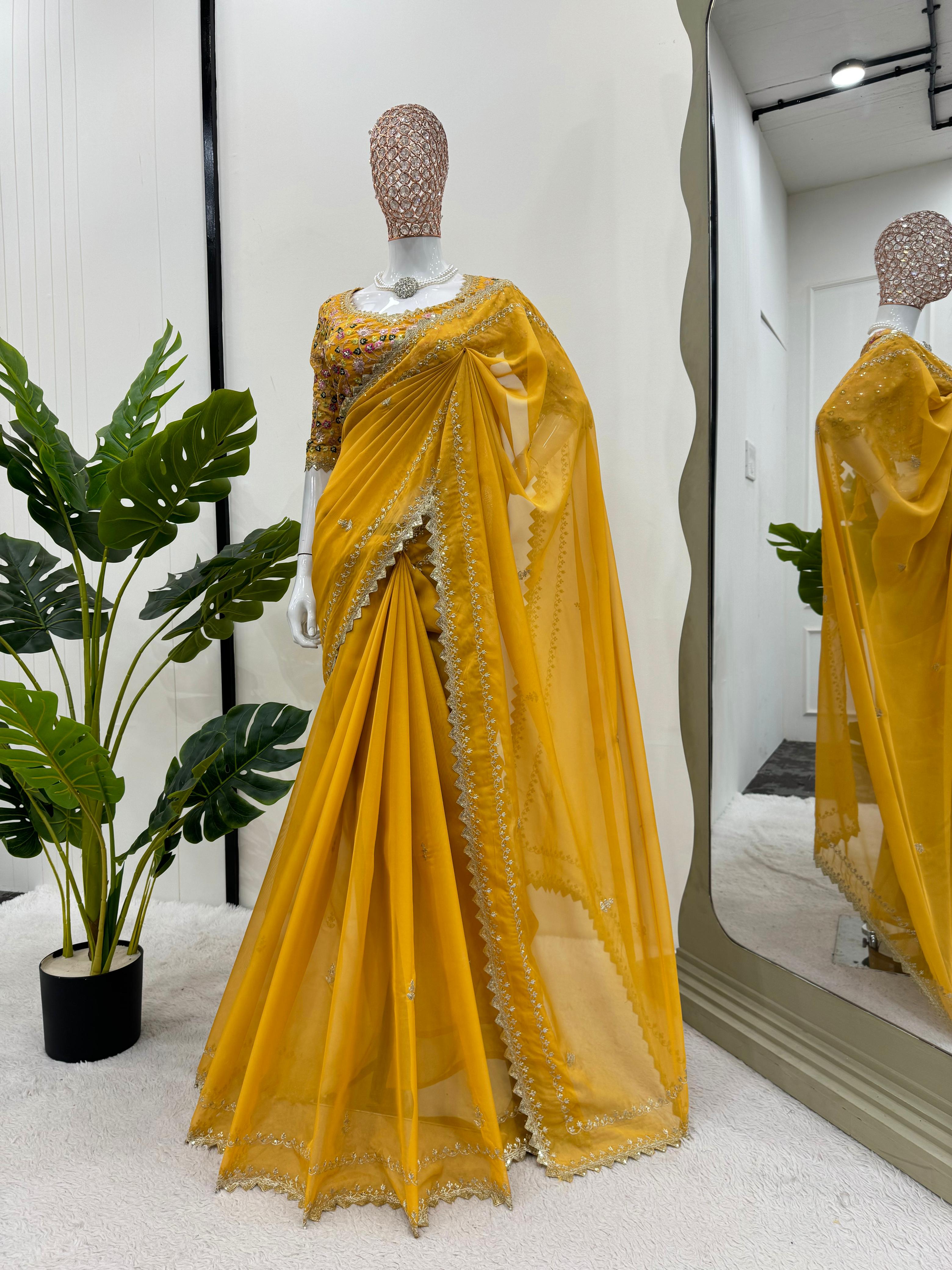 New Sibby Silk Fabric Sequence n Thread Work Partywear Fancy Designer Saree With Unstitched Blouse