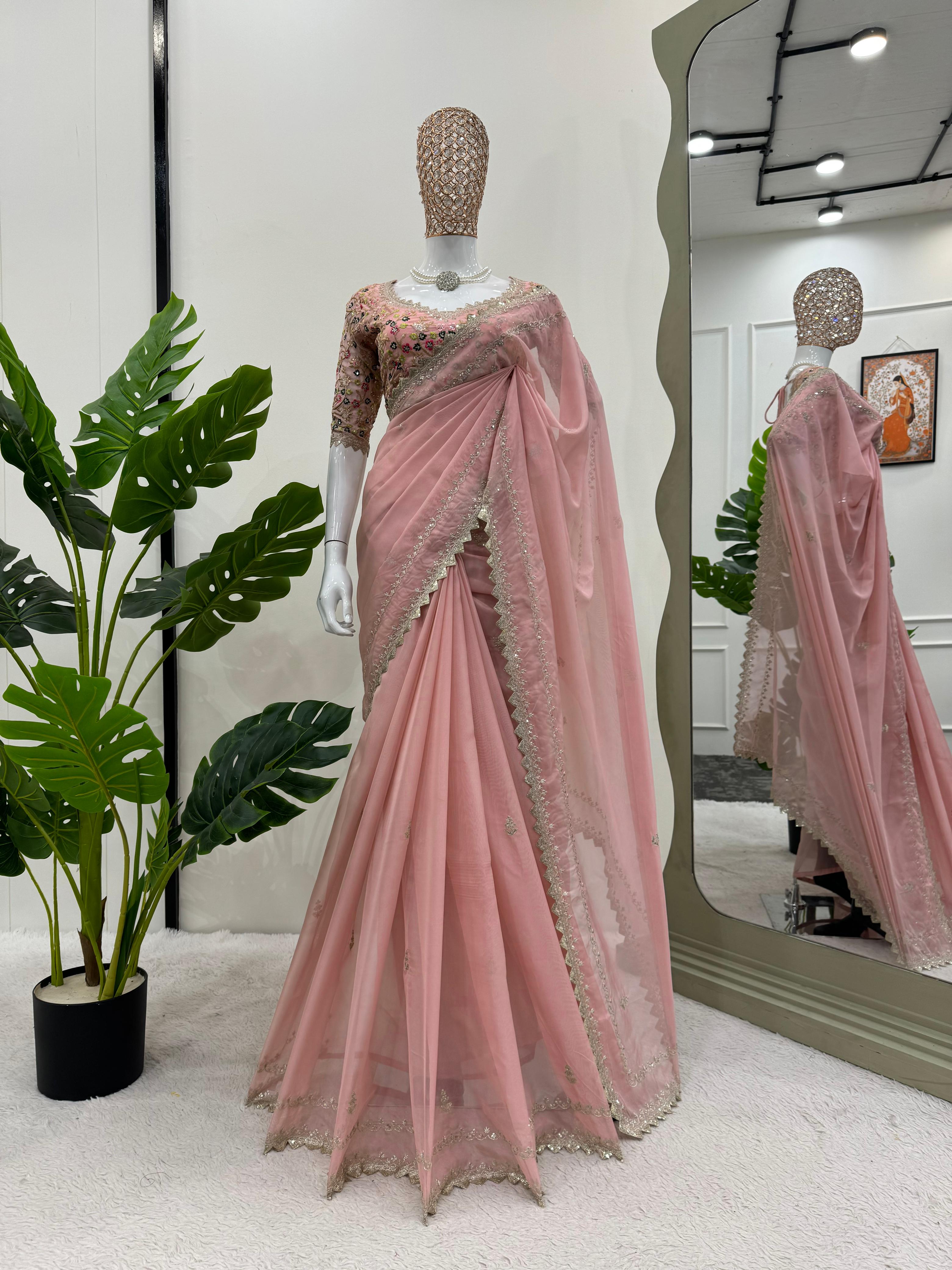 New Sibby Silk Fabric Sequence n Thread Work Partywear Fancy Designer Saree With Unstitched Blouse