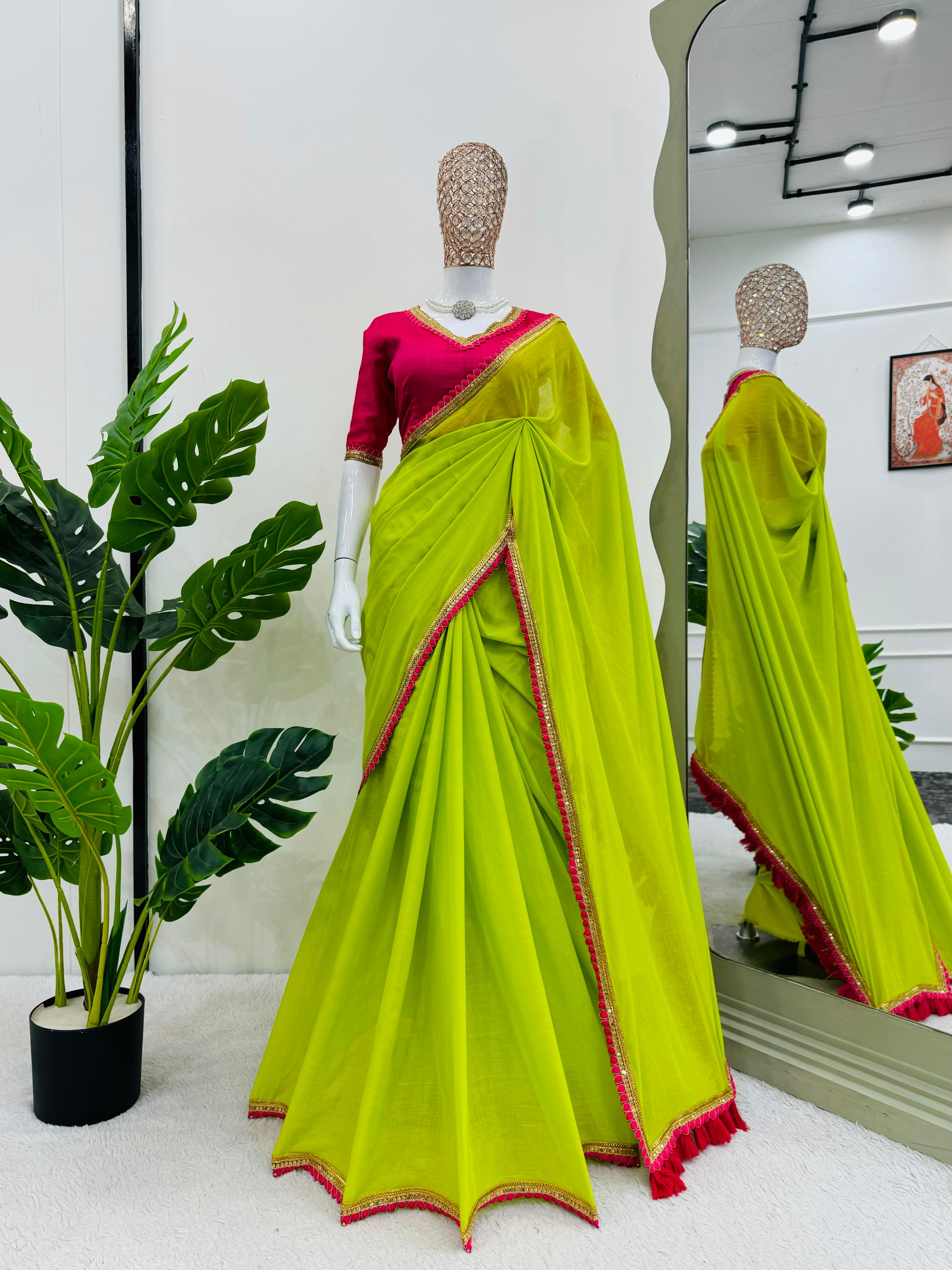 Latest Mul Cotton Fancy Lace With Tussles Work Fancy Designer Partywear Saree With Unstitched Blouse