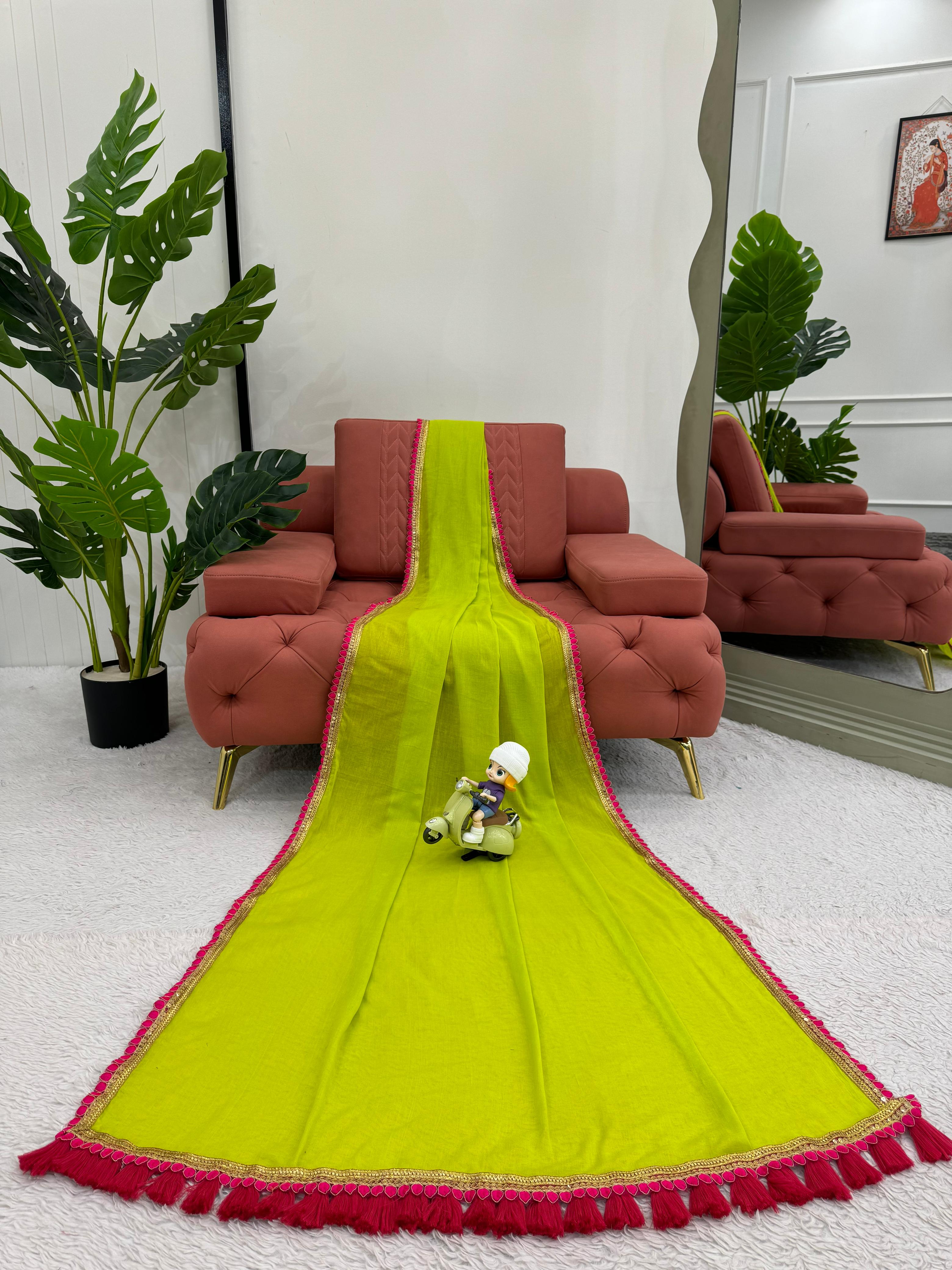 Latest Mul Cotton Fancy Lace With Tussles Work Fancy Designer Partywear Saree With Unstitched Blouse