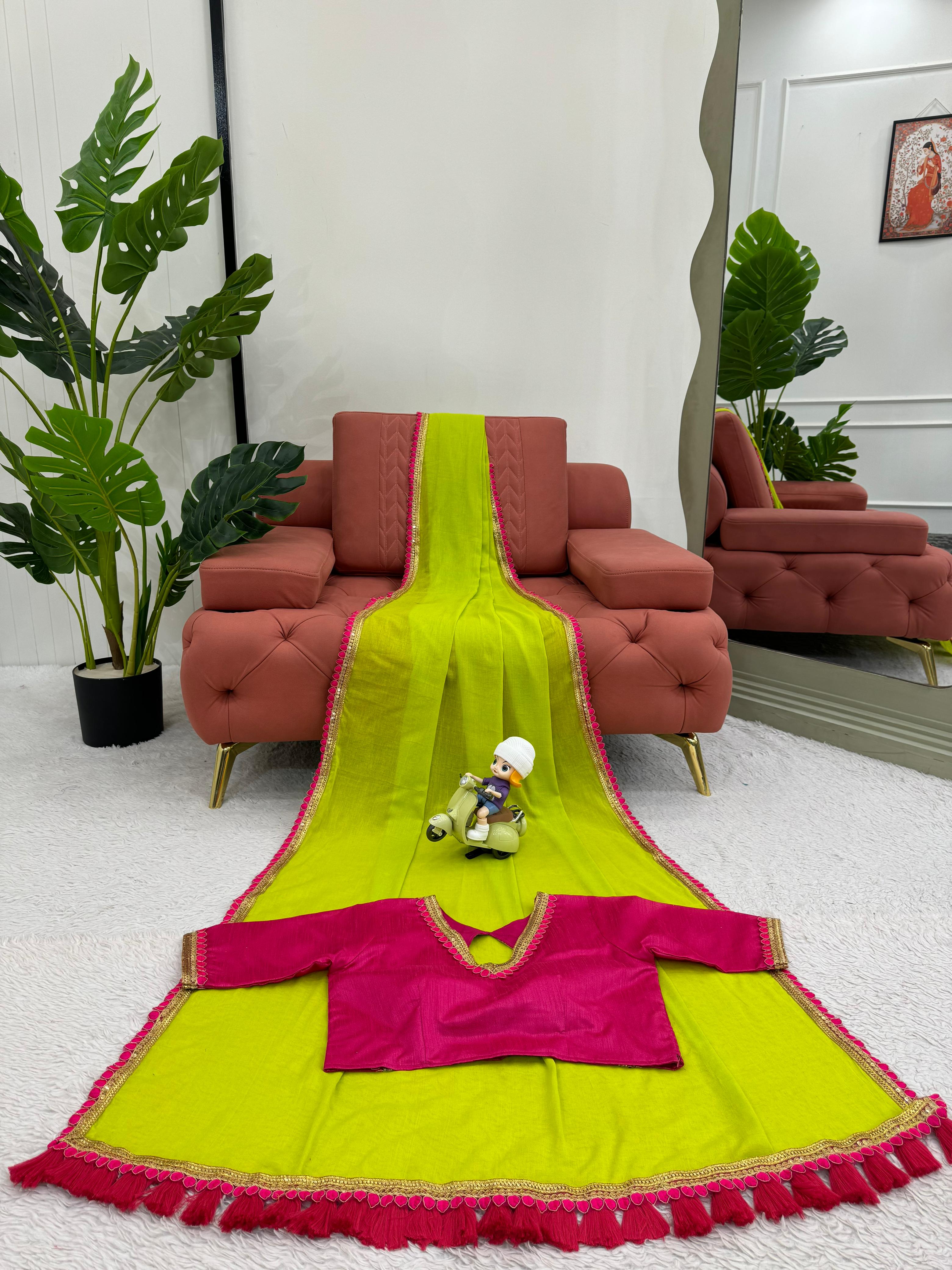 Latest Mul Cotton Fancy Lace With Tussles Work Fancy Designer Partywear Saree With Unstitched Blouse