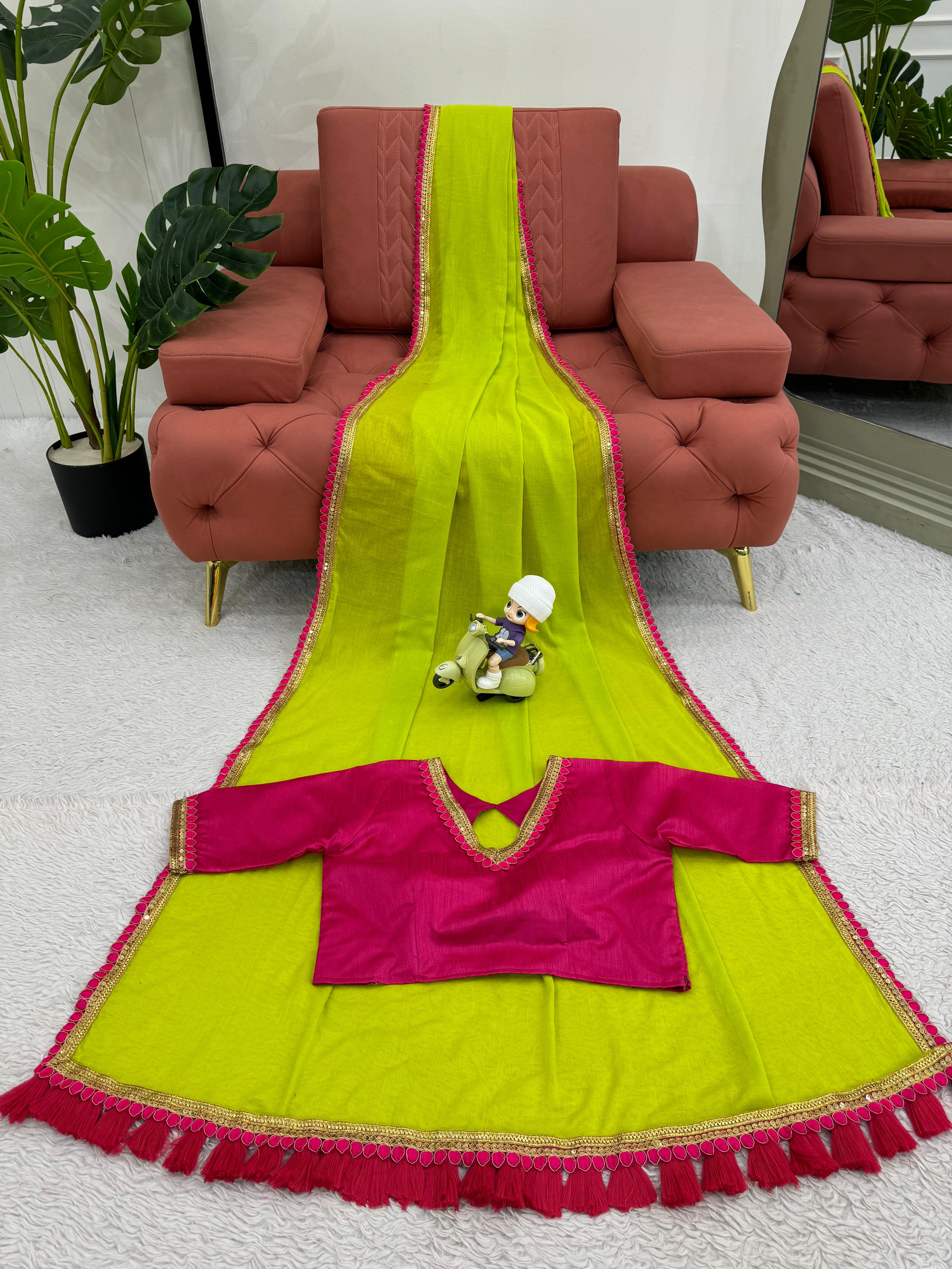 Latest Mul Cotton Fancy Lace With Tussles Work Fancy Designer Partywear Saree With Unstitched Blouse