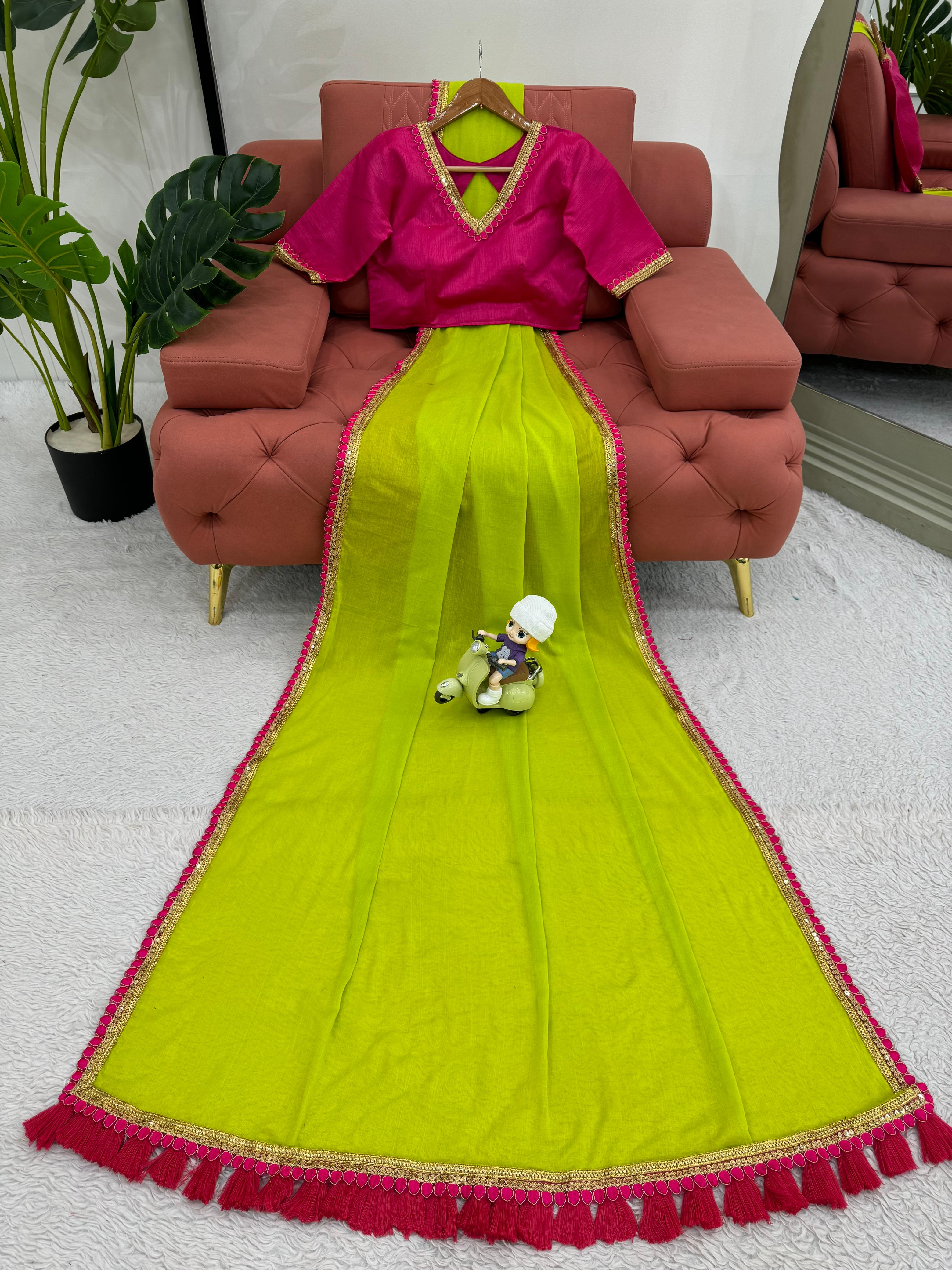 Latest Mul Cotton Fancy Lace With Tussles Work Fancy Designer Partywear Saree With Unstitched Blouse