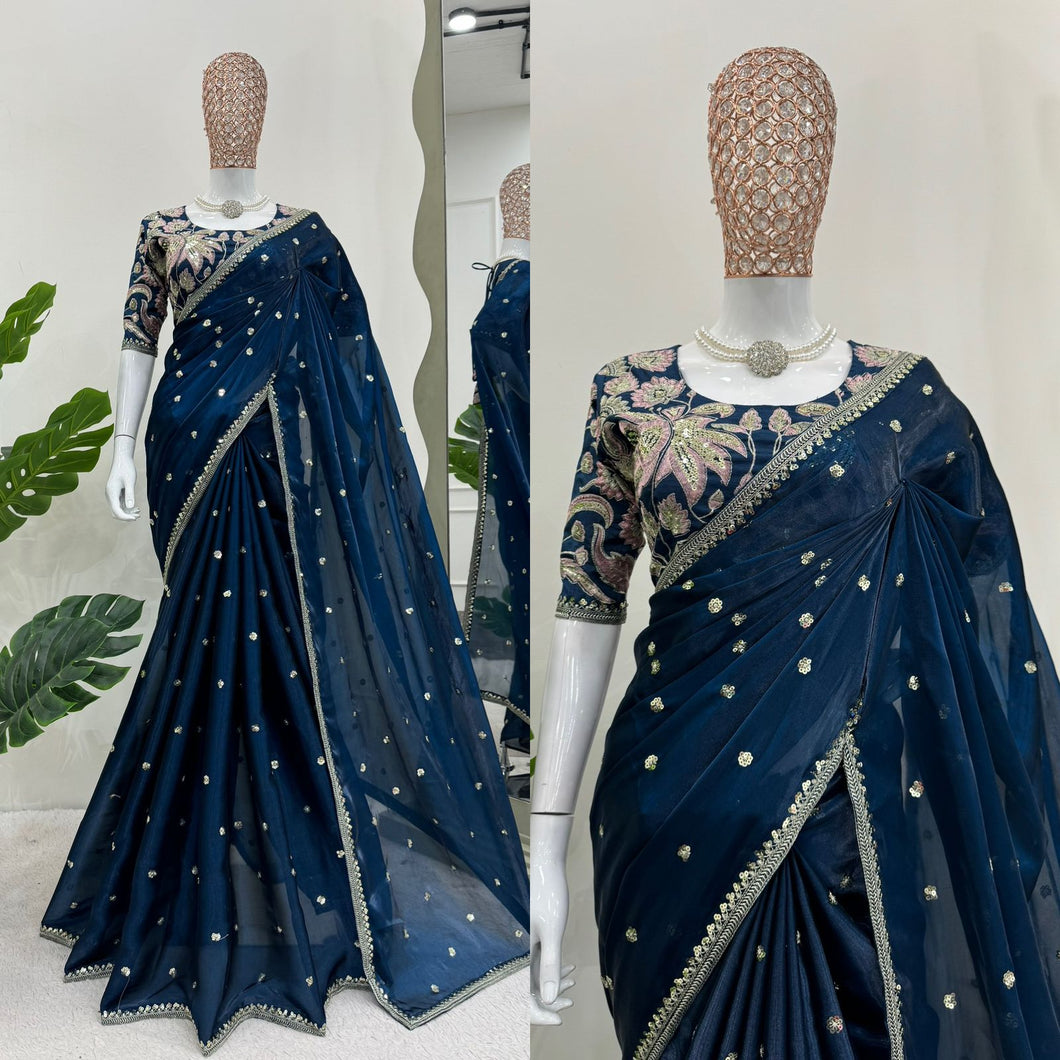 New Partywear Jimmy Chu Fabric Sequence n Embroidered Fancy Designer Saree With Unstitched Blouse