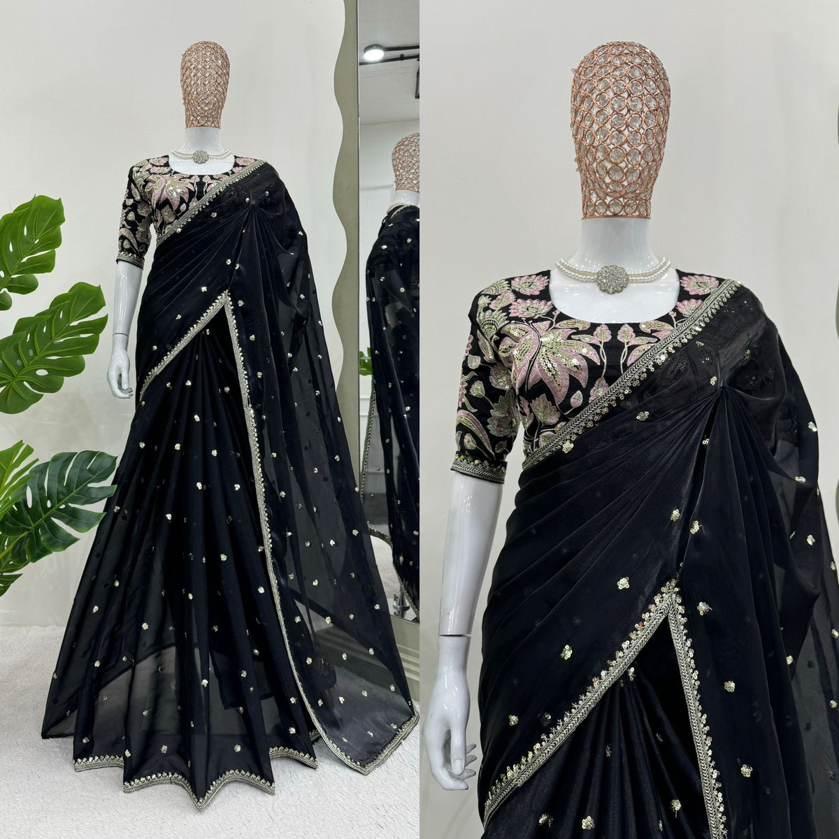 New Partywear Silk Fabric Sequence n Embroidered Fancy Designer Saree With Unstitched Blouse