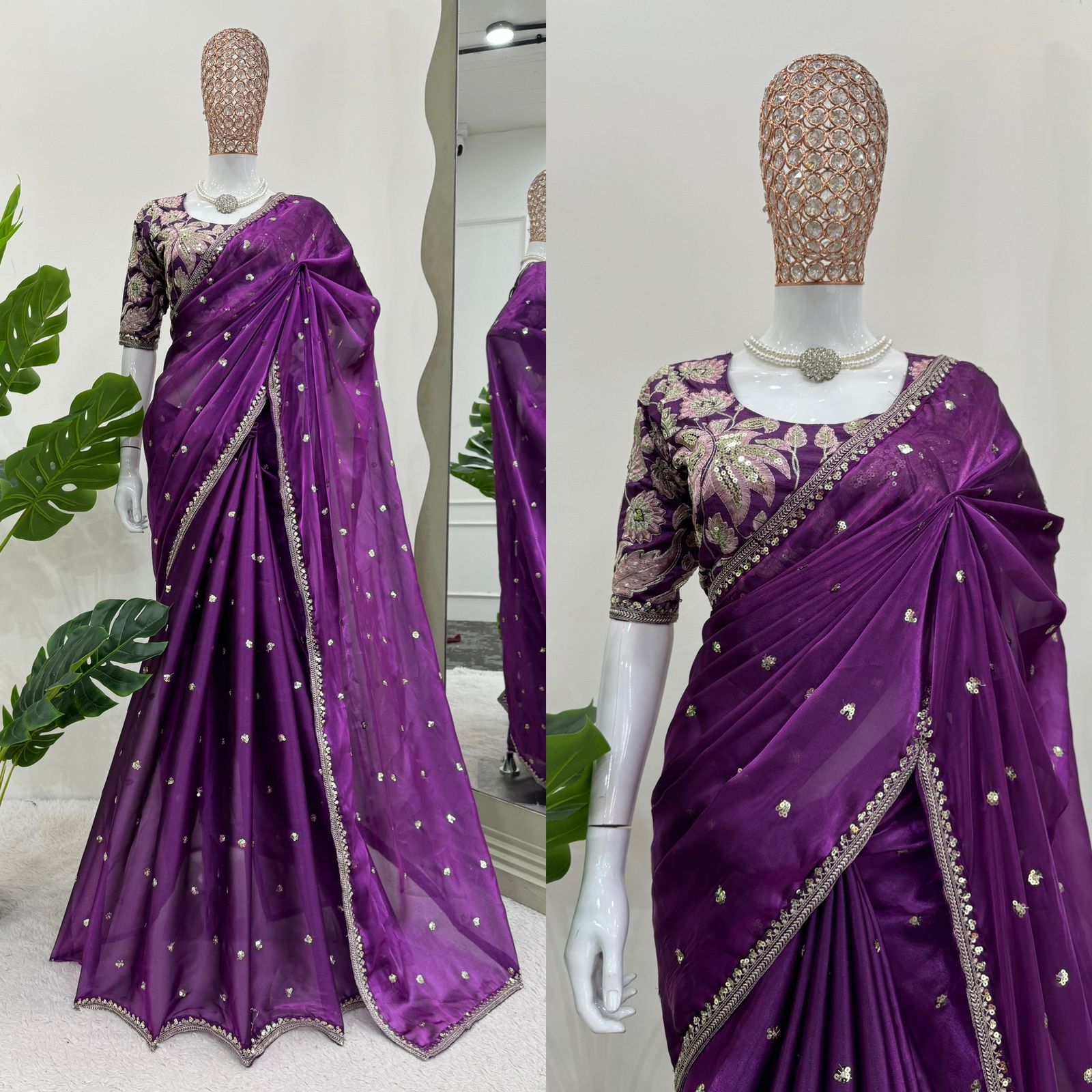New Partywear Silk Fabric Sequence n Embroidered Fancy Designer Saree With Unstitched Blouse