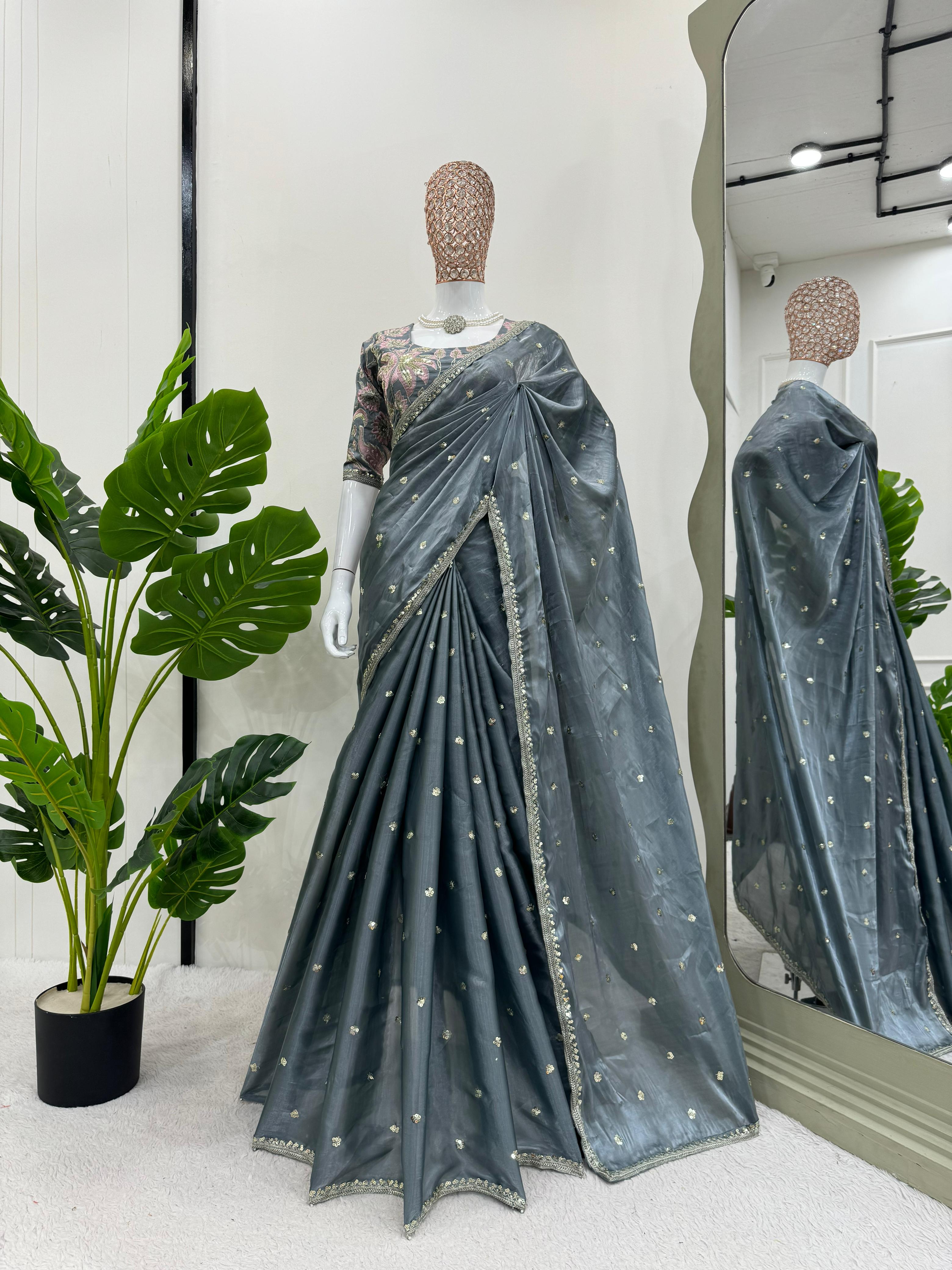 New Partywear Silk Fabric Sequence n Embroidered Fancy Designer Saree With Unstitched Blouse