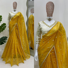 Load image into Gallery viewer, New Partywear Heavy Till Net Fabric Emboridered Sequence Work Fancy Desiner Saree With Stitched Blouse
