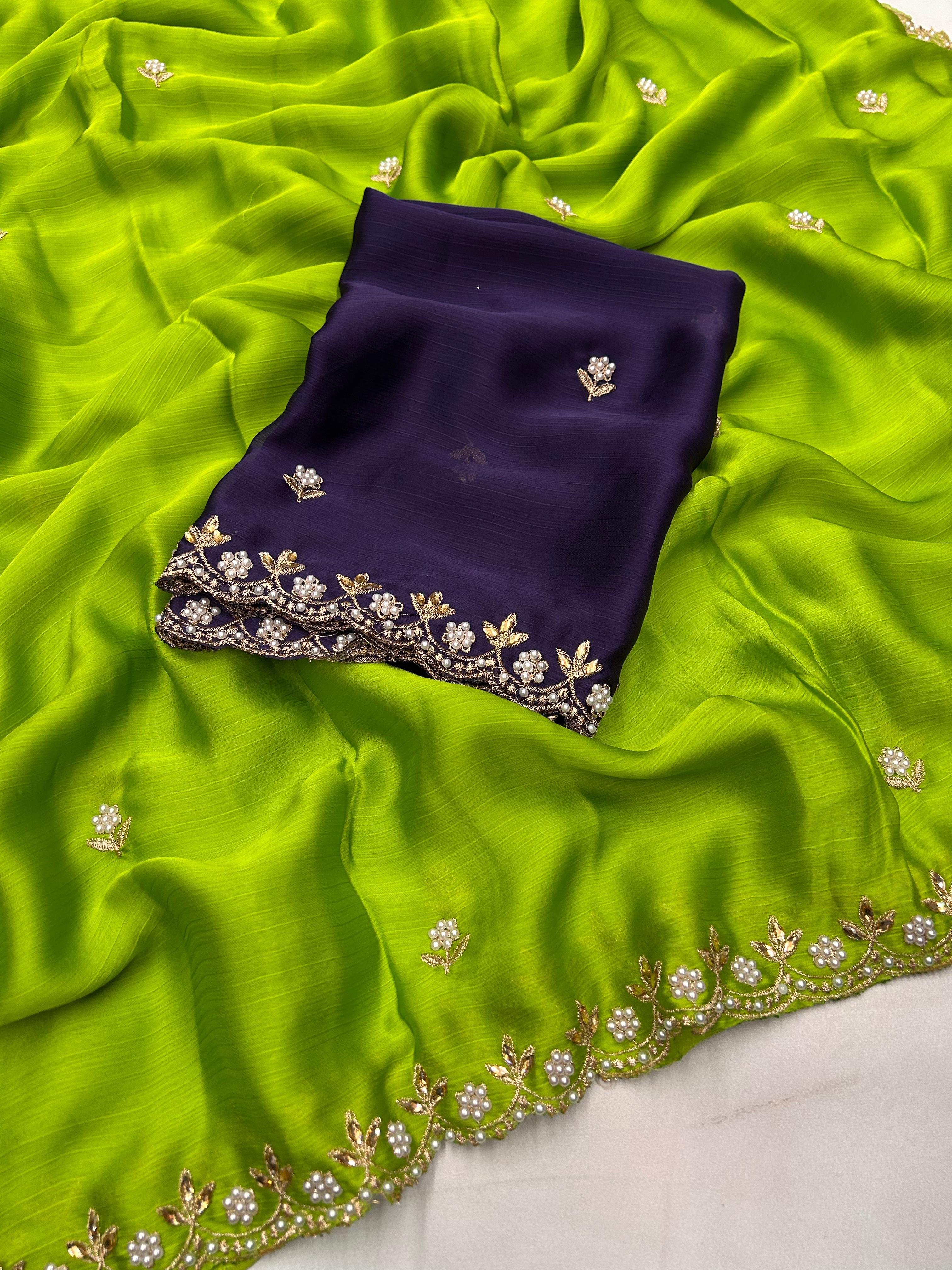 New Partywear Satin Chiffon Embroidery n Diamond Work Fancy Designer Saree With Blouse
