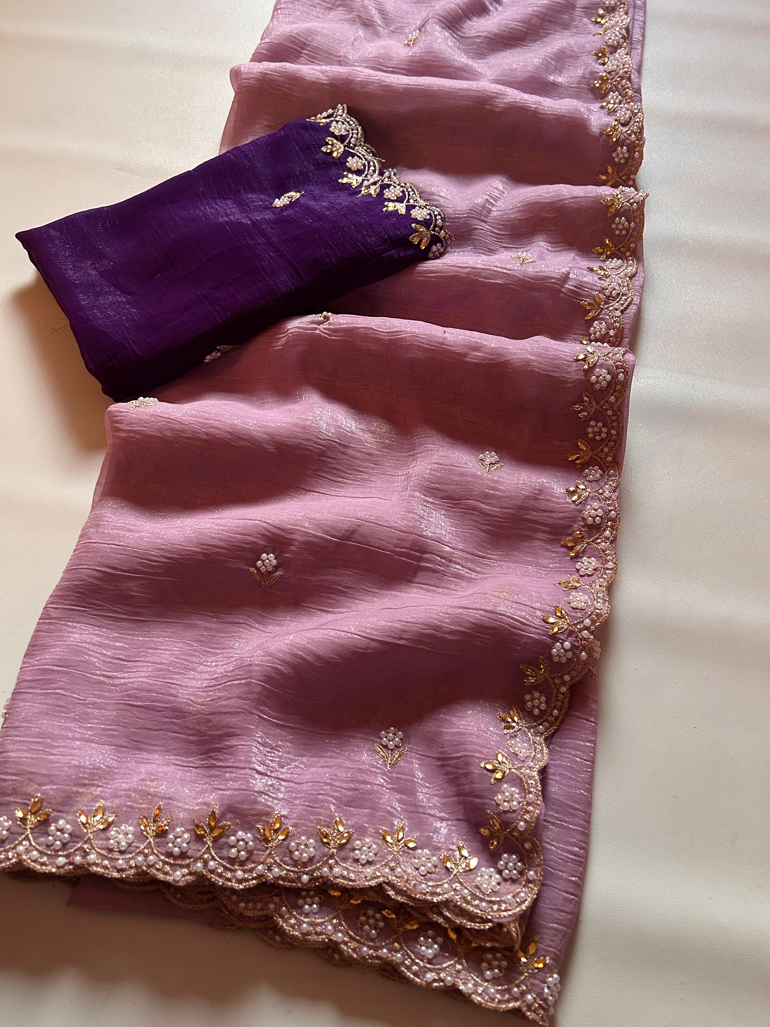 New Partywear Chiffon Embroidery n Diamond Work Partywear Fancy Designer Saree With Blouse
