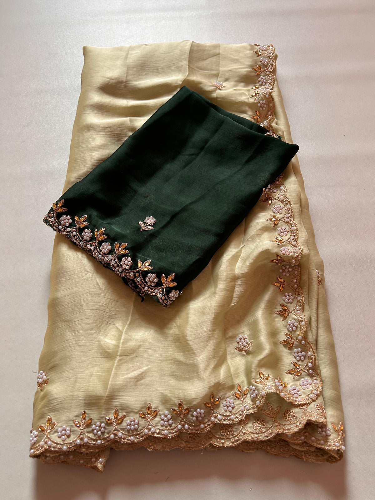 New Partywear Satin Chiffon Embroidery n Diamond Work Fancy Designer Saree With Blouse