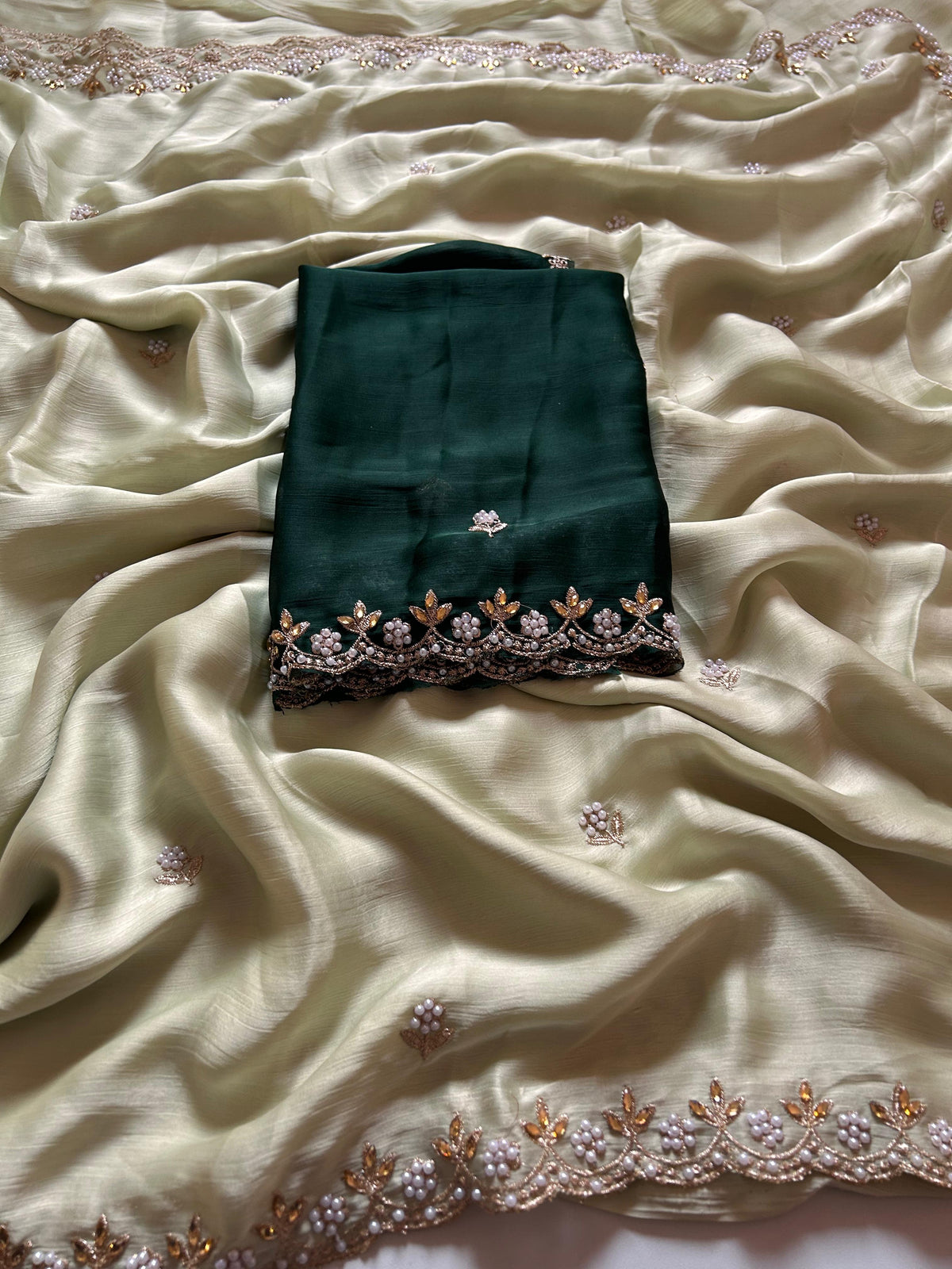 New Partywear Satin Chiffon Embroidery n Diamond Work Fancy Designer Saree With Blouse