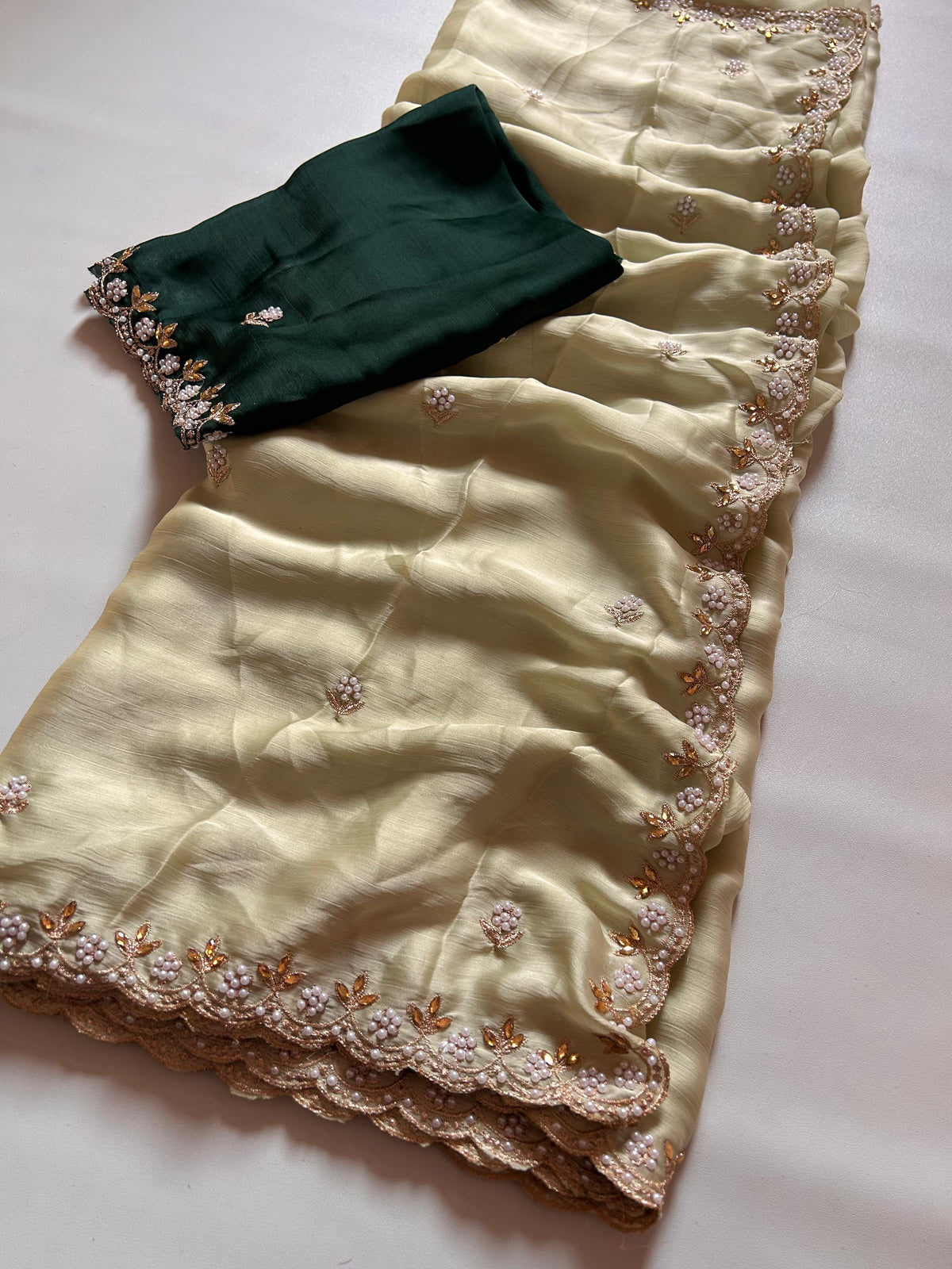 New Partywear Satin Chiffon Embroidery n Diamond Work Fancy Designer Saree With Blouse