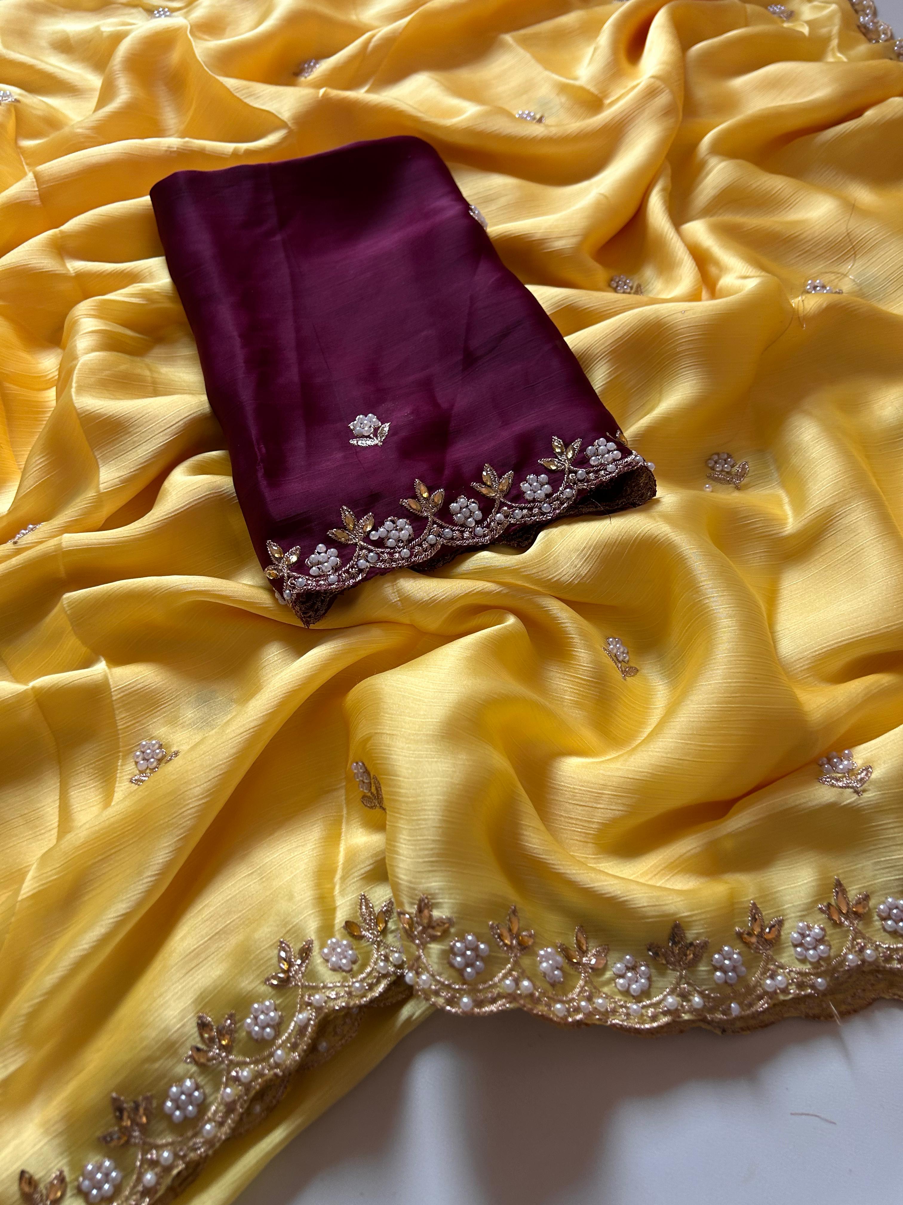 New Partywear Satin Chiffon Embroidery n Diamond Work Fancy Designer Saree With Blouse