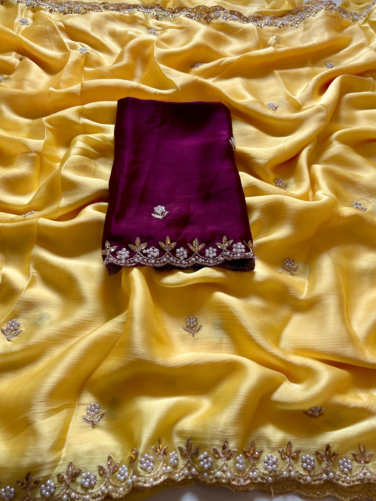 New Partywear Satin Chiffon Embroidery n Diamond Work Fancy Designer Saree With Blouse